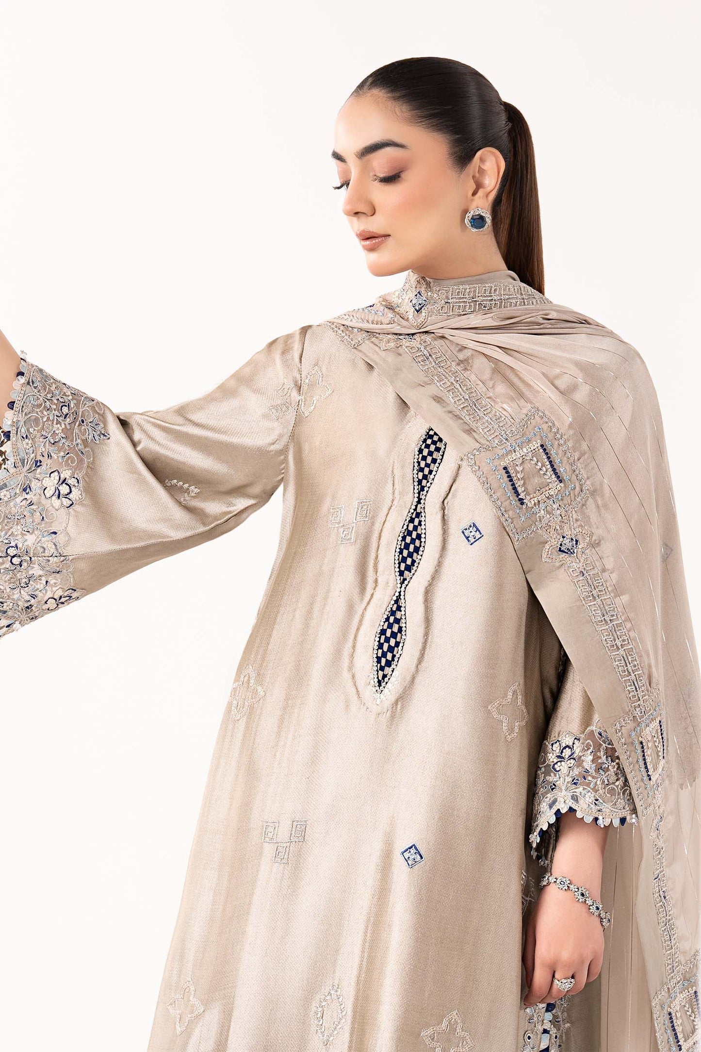 MST-EF26-10 | 3 Piece Embroidered Self Tassel Silk Suit | MARIA.B