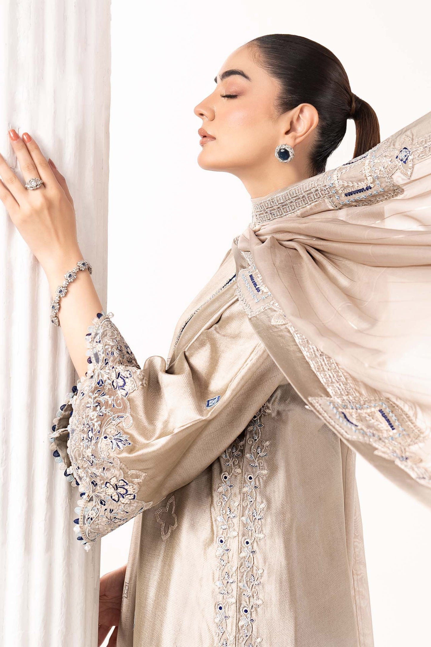 MST-EF26-10 | 3 Piece Embroidered Self Tassel Silk Suit | MARIA.B
