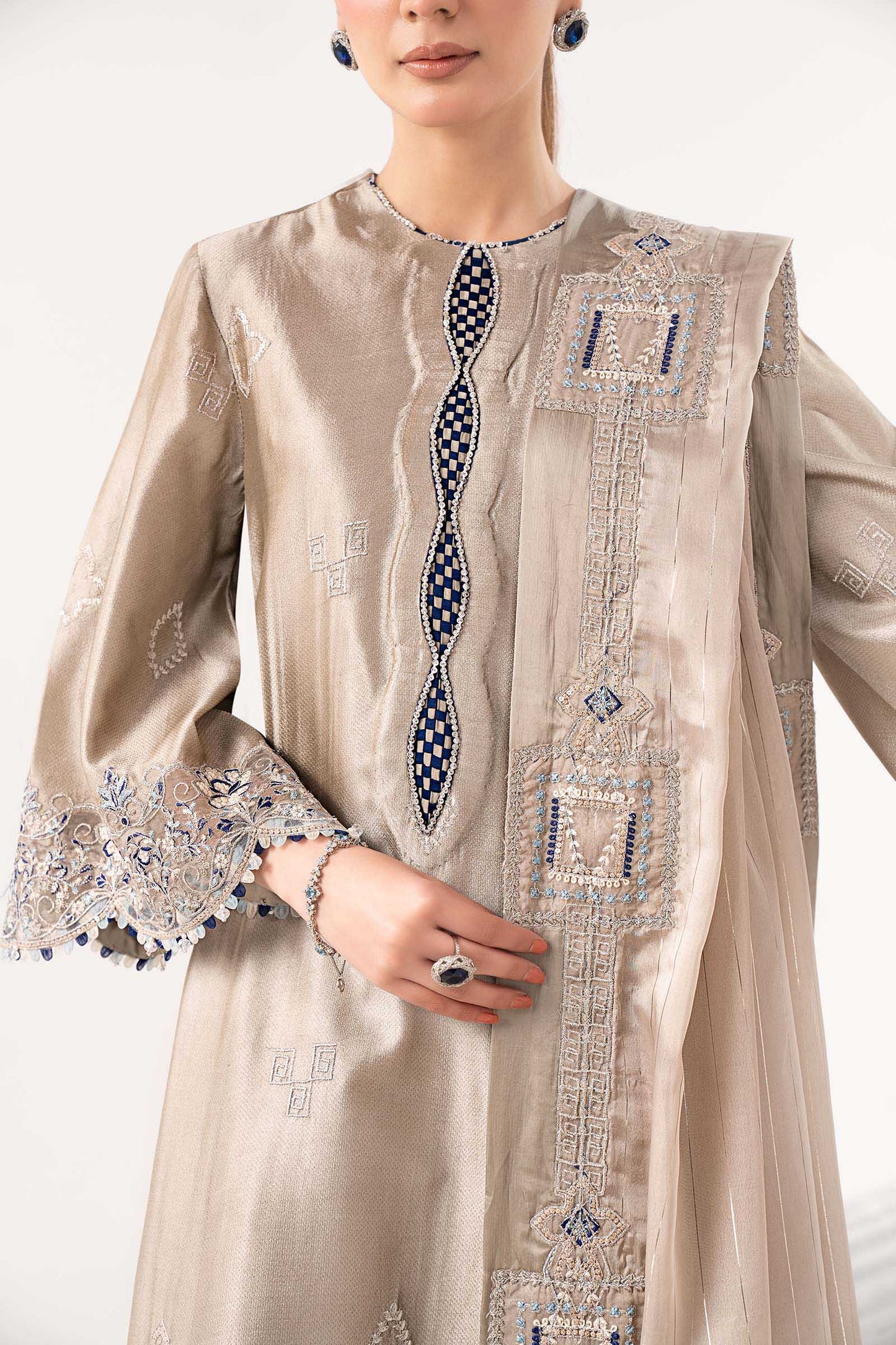 MST-EF26-10 | 3 Piece Embroidered Self Tassel Silk Suit | MARIA.B