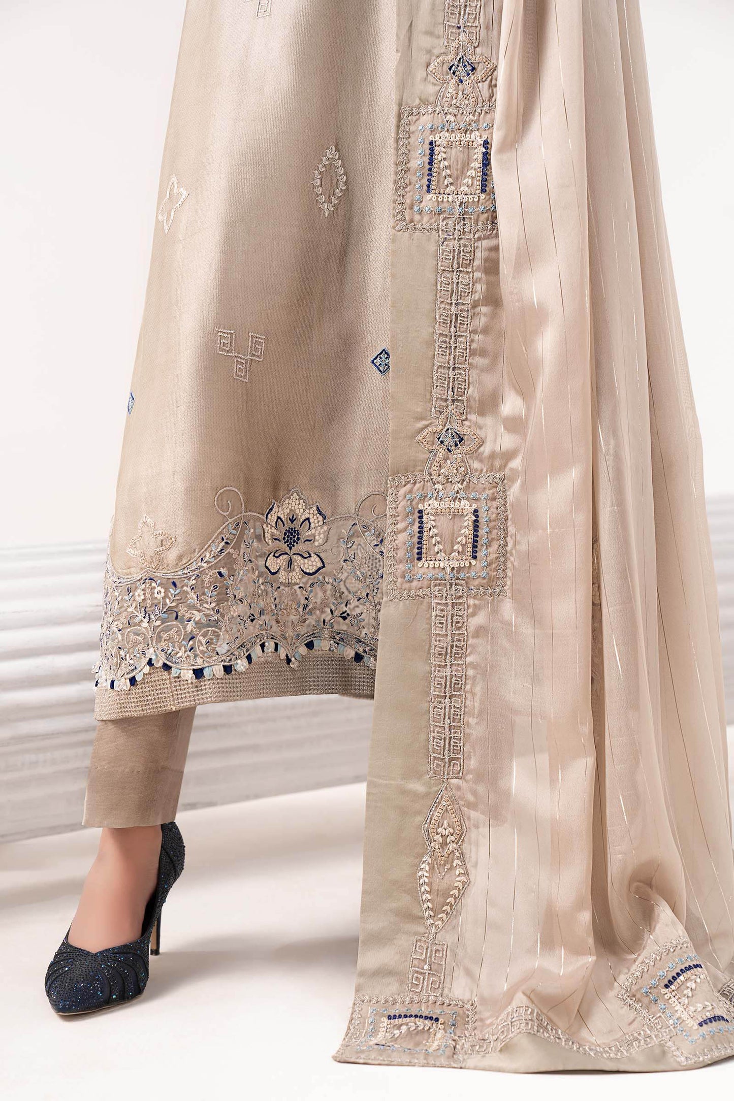 MST-EF26-10 | 3 Piece Embroidered Self Tassel Silk Suit | MARIA.B