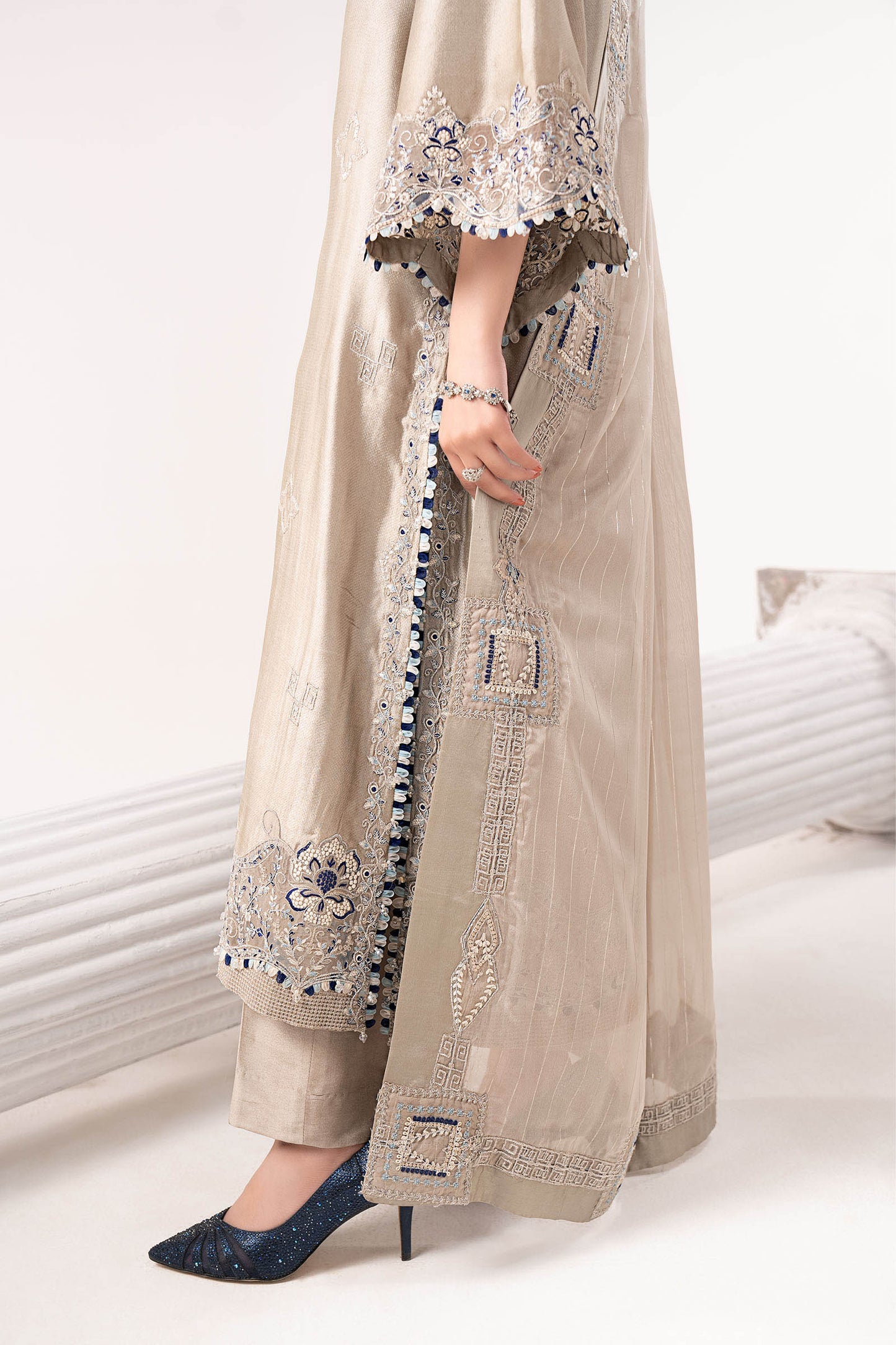 MST-EF26-10 | 3 Piece Embroidered Self Tassel Silk Suit | MARIA.B