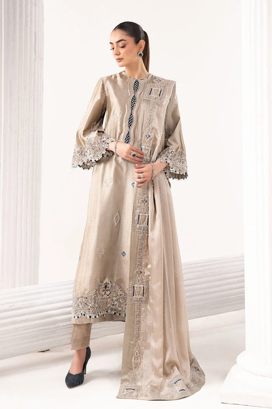 MST-EF26-10 | 3 Piece Embroidered Self Tassel Silk Suit | MARIA.B