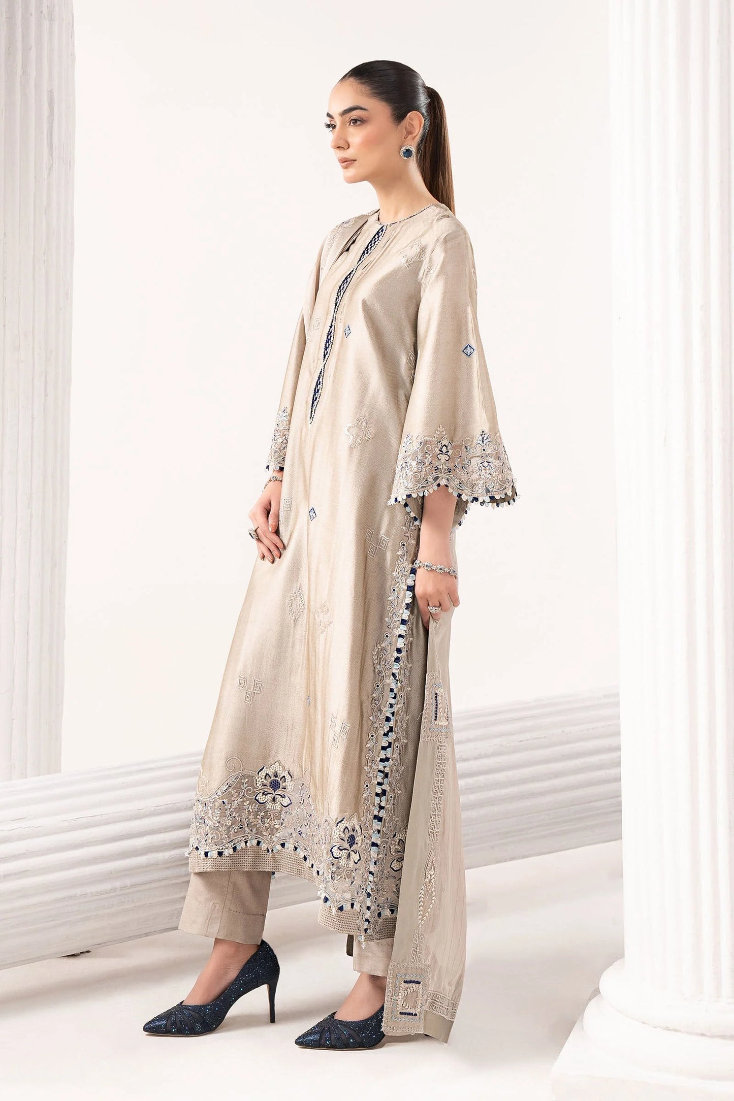 MST-EF26-10 | 3 Piece Embroidered Self Tassel Silk Suit | MARIA.B