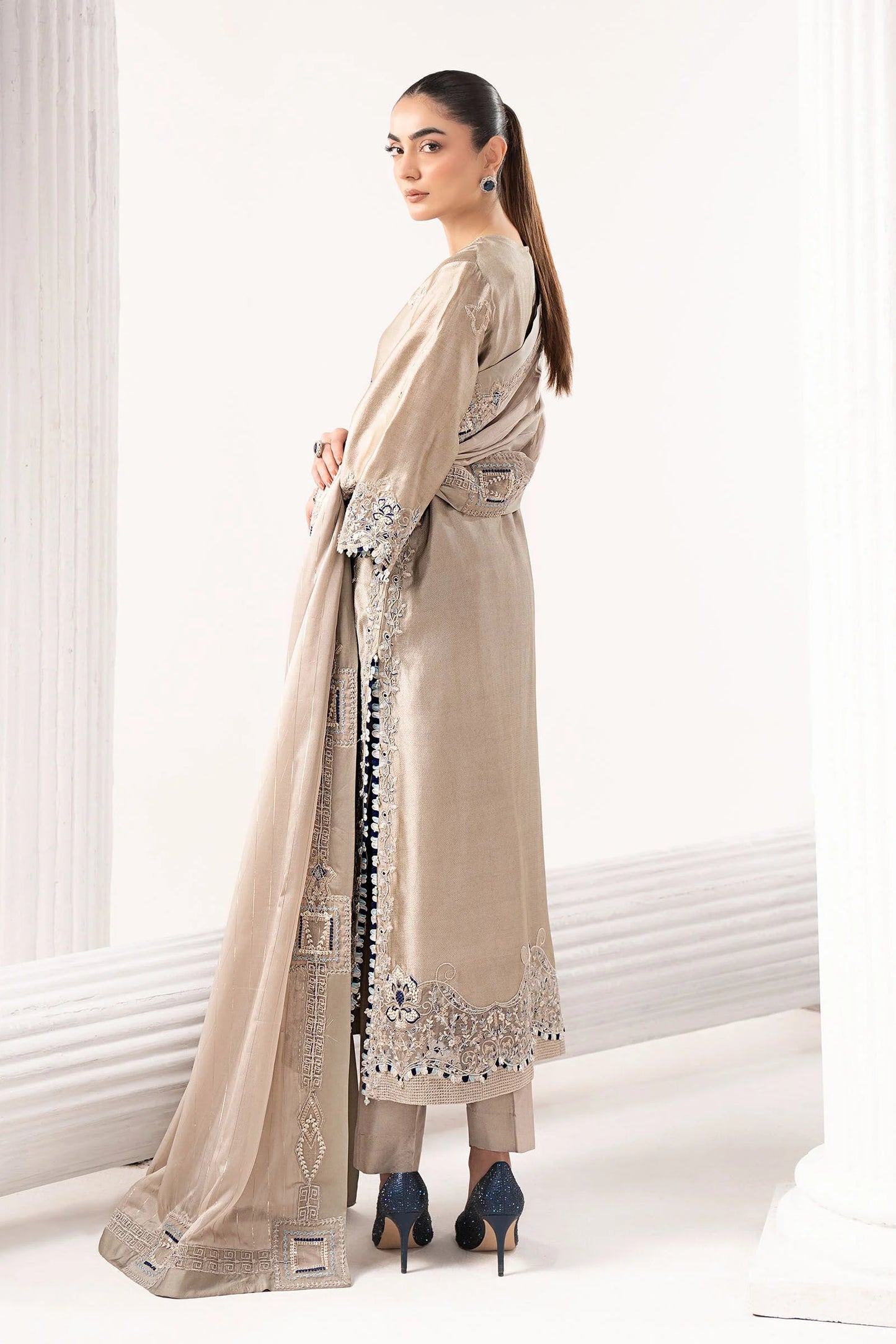 MST-EF26-10 | 3 Piece Embroidered Self Tassel Silk Suit | MARIA.B
