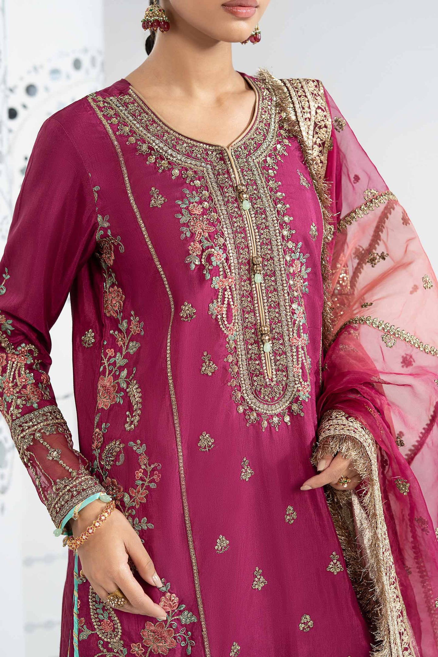 SF-EA25-02R1 | 3 Piece Embroidered Raw Silk Suit | MARIA.B