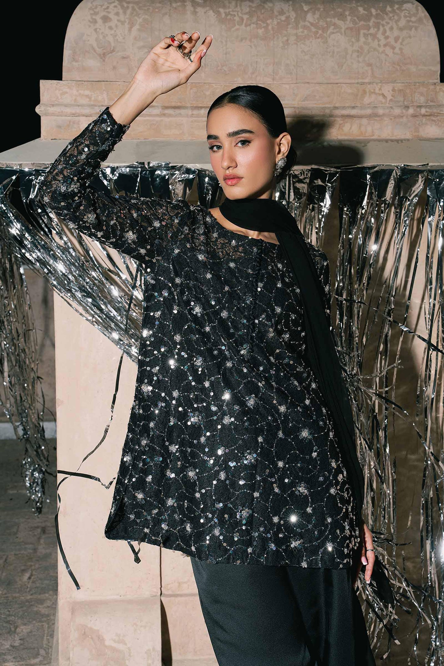 SF-EA26-01-Black | 3 Piece Embroidered Net Suit | MARIA.B