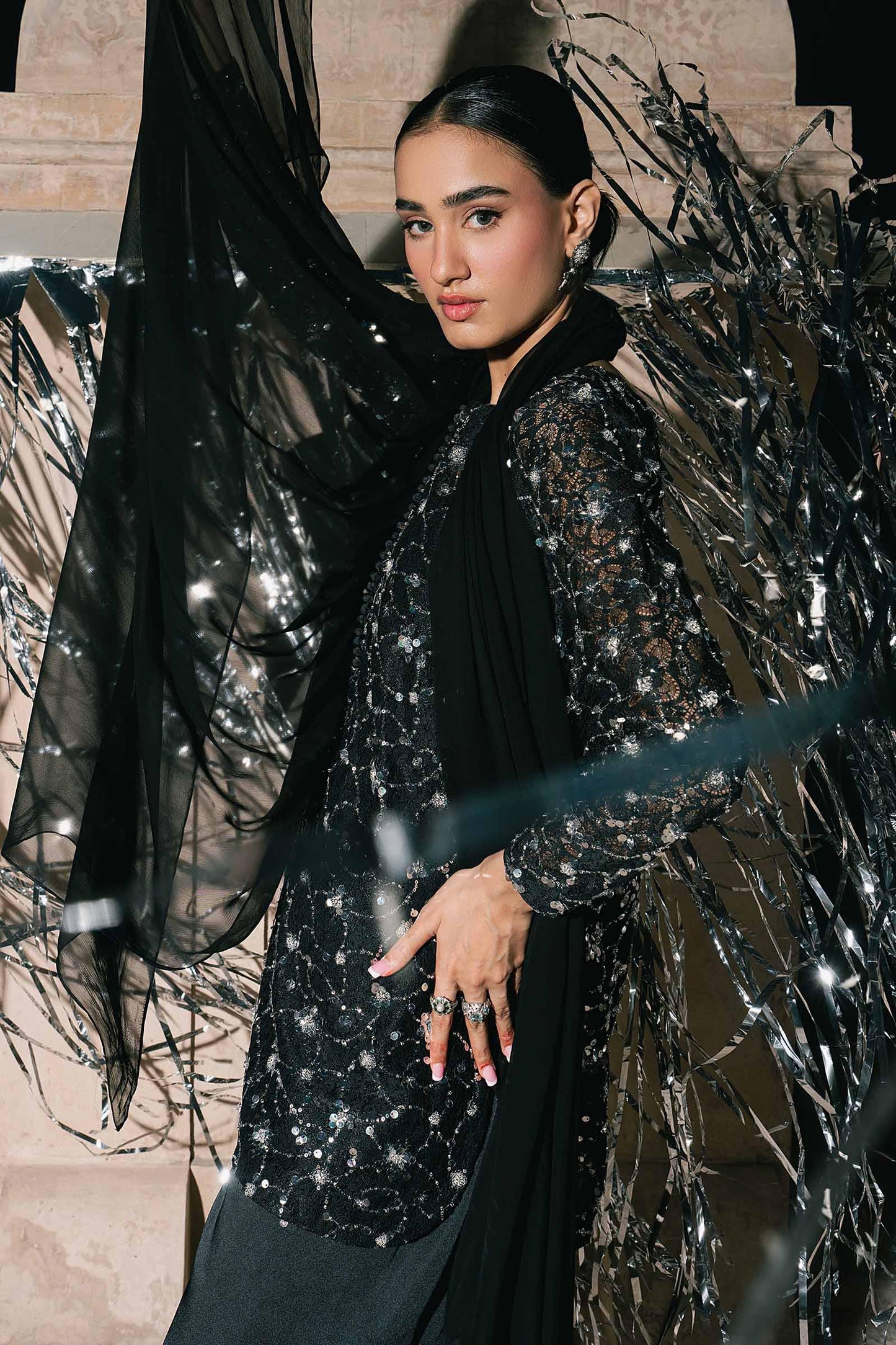 SF-EA26-01-Black | 3 Piece Embroidered Net Suit | MARIA.B