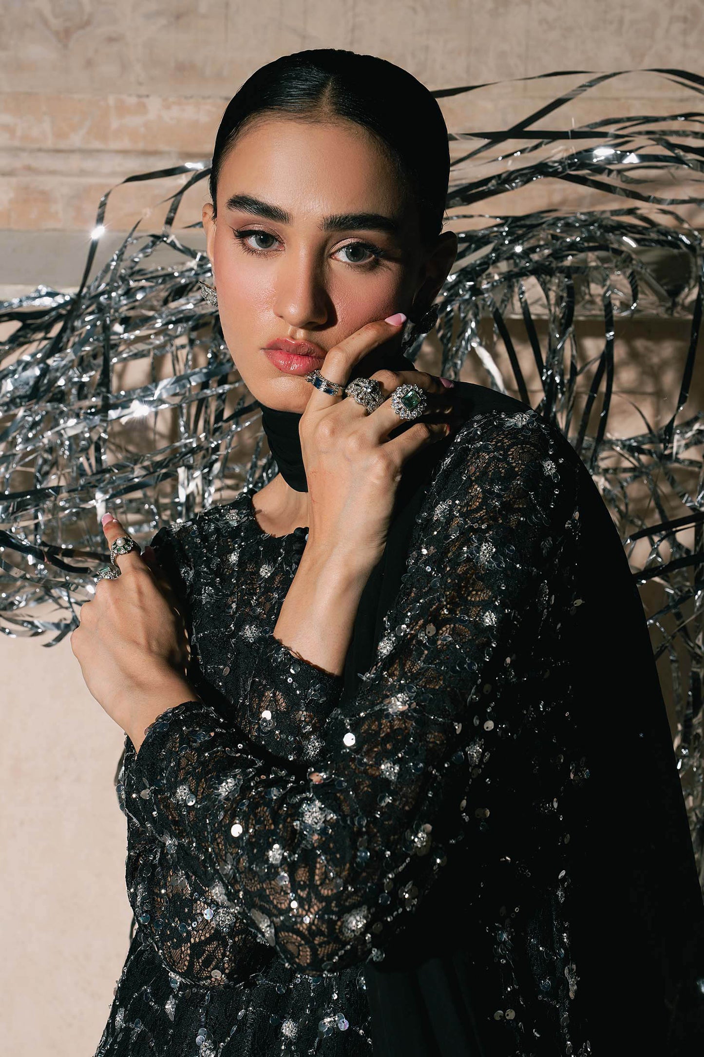 SF-EA26-01-Black | 3 Piece Embroidered Net Suit | MARIA.B