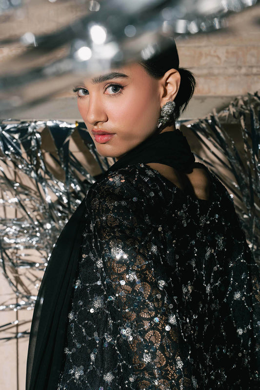 SF-EA26-01-Black | 3 Piece Embroidered Net Suit | MARIA.B