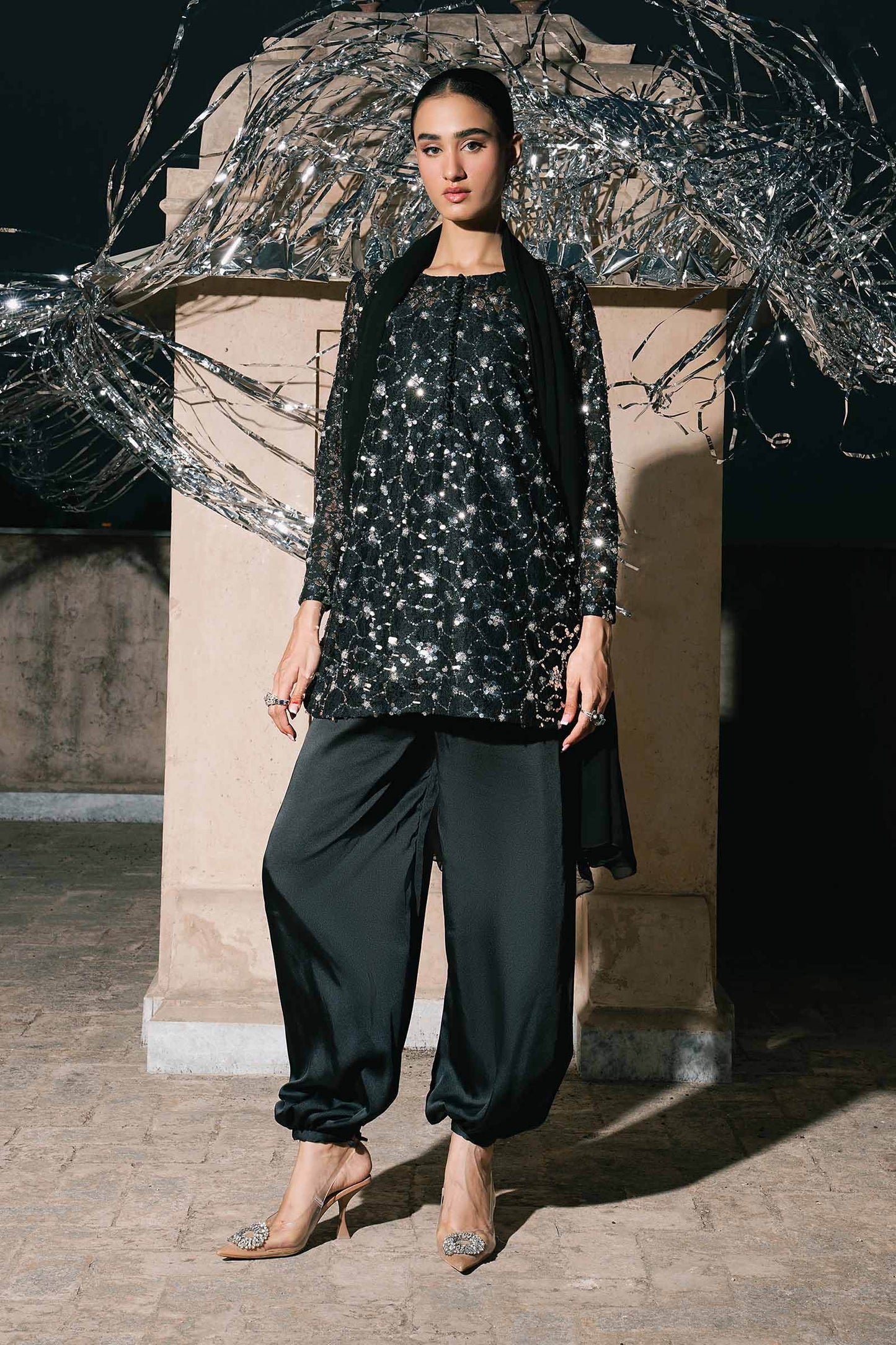 SF-EA26-01-Black | 3 Piece Embroidered Net Suit | MARIA.B