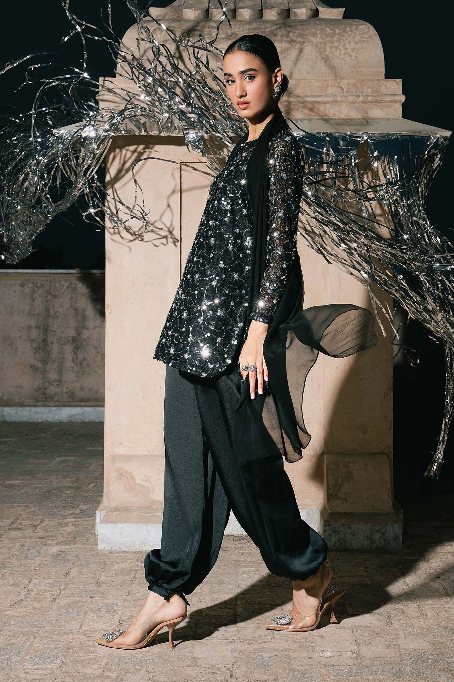 SF-EA26-01-Black | 3 Piece Embroidered Net Suit | MARIA.B