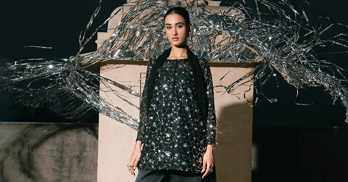 SF-EA26-01-Black | 3 Piece Embroidered Net Suit | MARIA.B