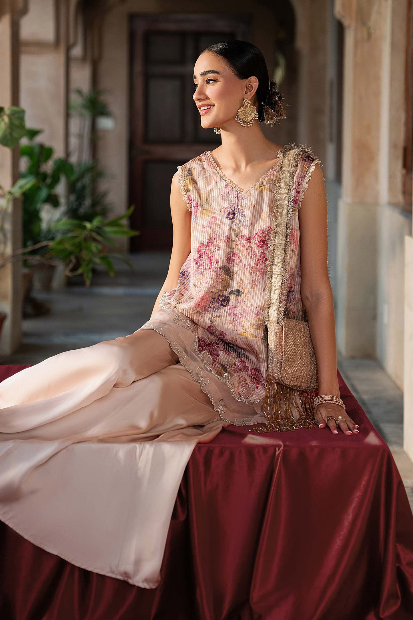 SF-EA26-03-Peach | 2 Piece Embroidered Textured Silk Suit | MARIA.B