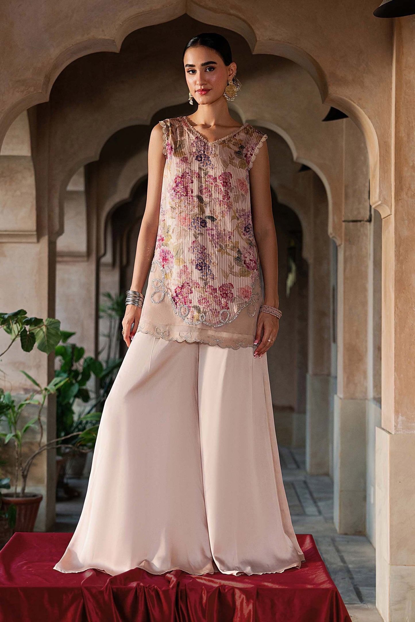 SF-EA26-03-Peach | 2 Piece Embroidered Textured Silk Suit | MARIA.B