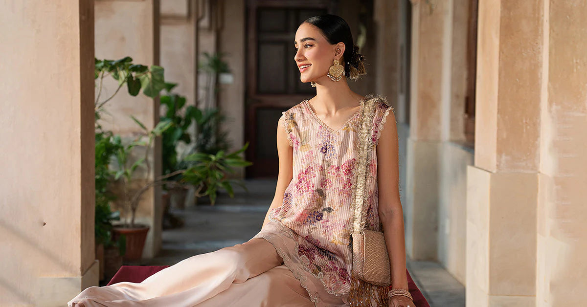 SF-EA26-03-Peach | 2 Piece Embroidered Textured Silk Suit | MARIA.B