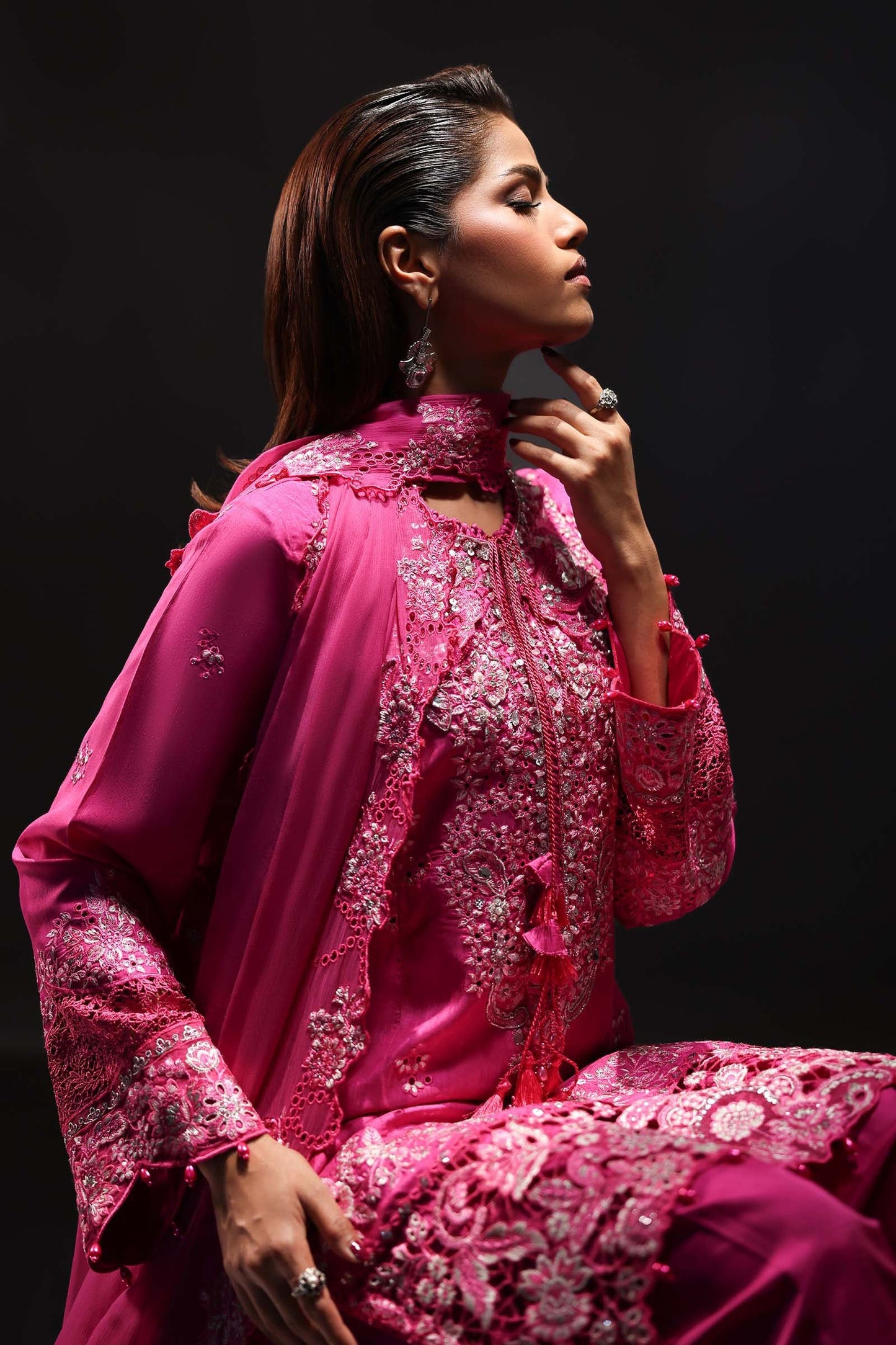 SF-EA26-09-Pink | 3 Piece Embroidered Raw Silk Suit | MARIA.B