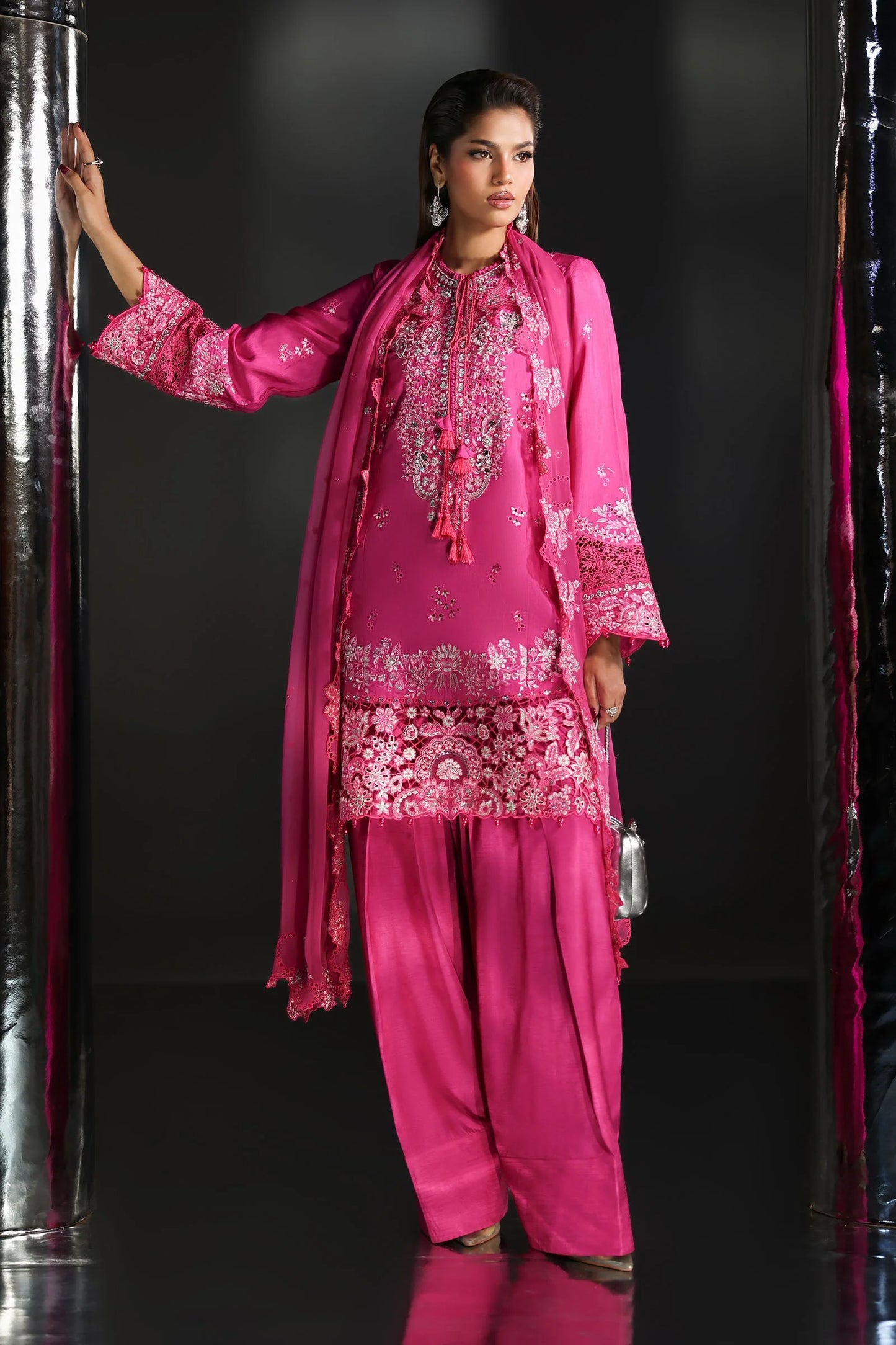 SF-EA26-09-Pink | 3 Piece Embroidered Raw Silk Suit | MARIA.B