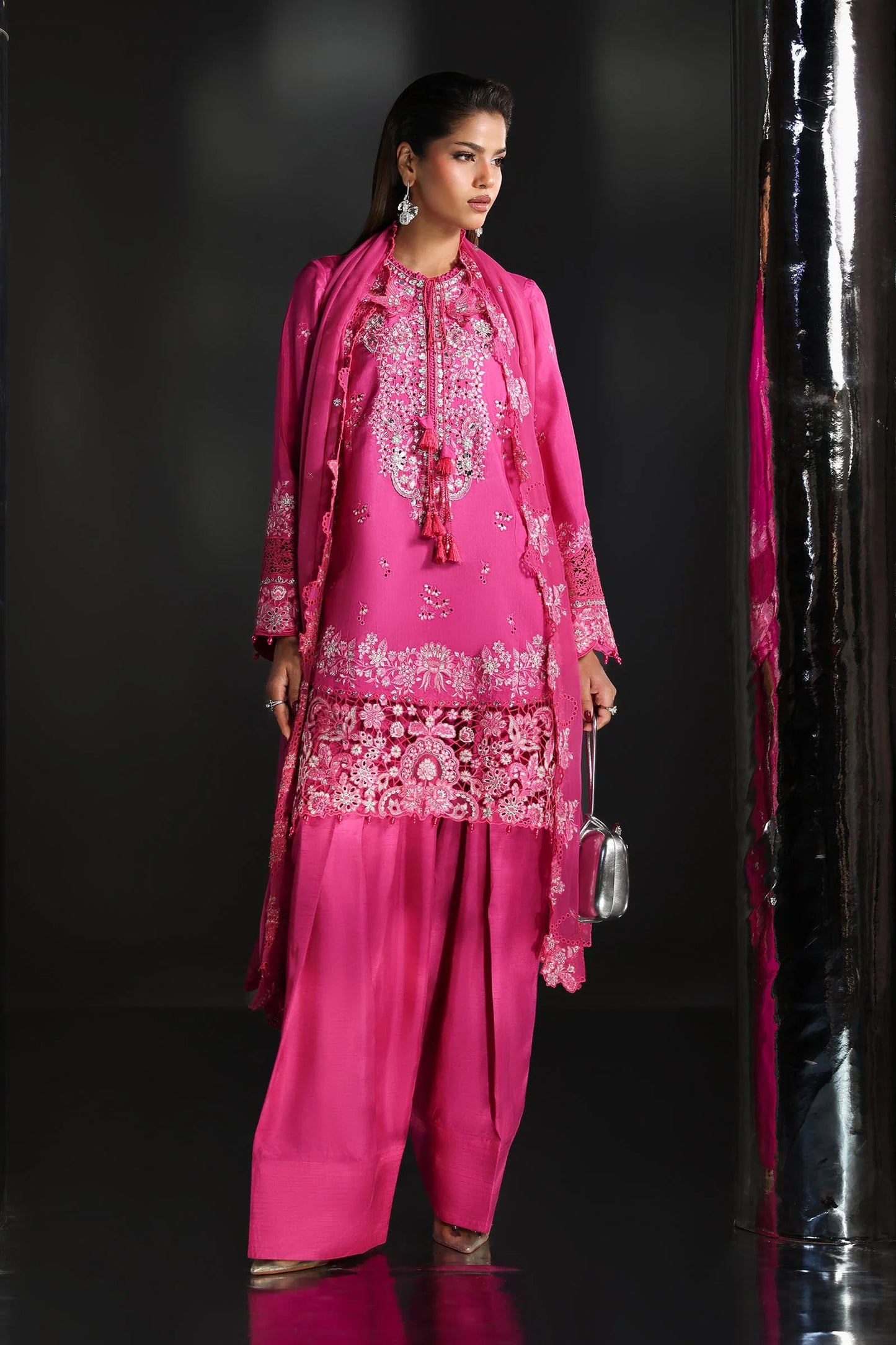 SF-EA26-09-Pink | 3 Piece Embroidered Raw Silk Suit | MARIA.B