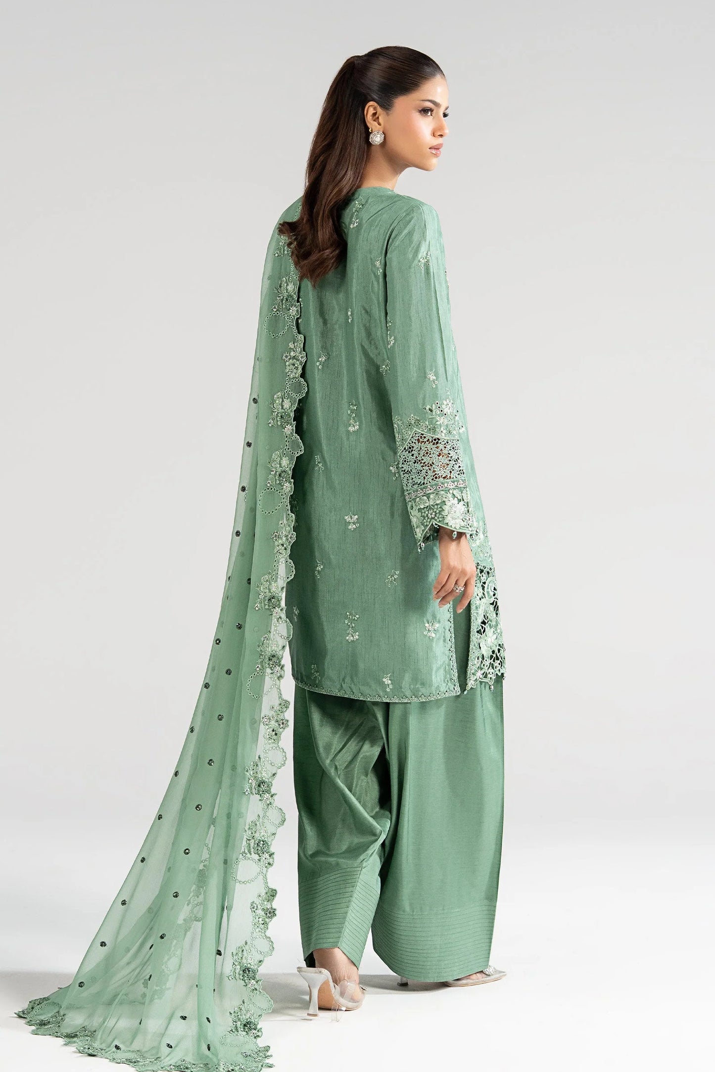 SF-EA26-09-Sea Green | 3 Piece Embroidered Raw Silk Suit | MARIA.B