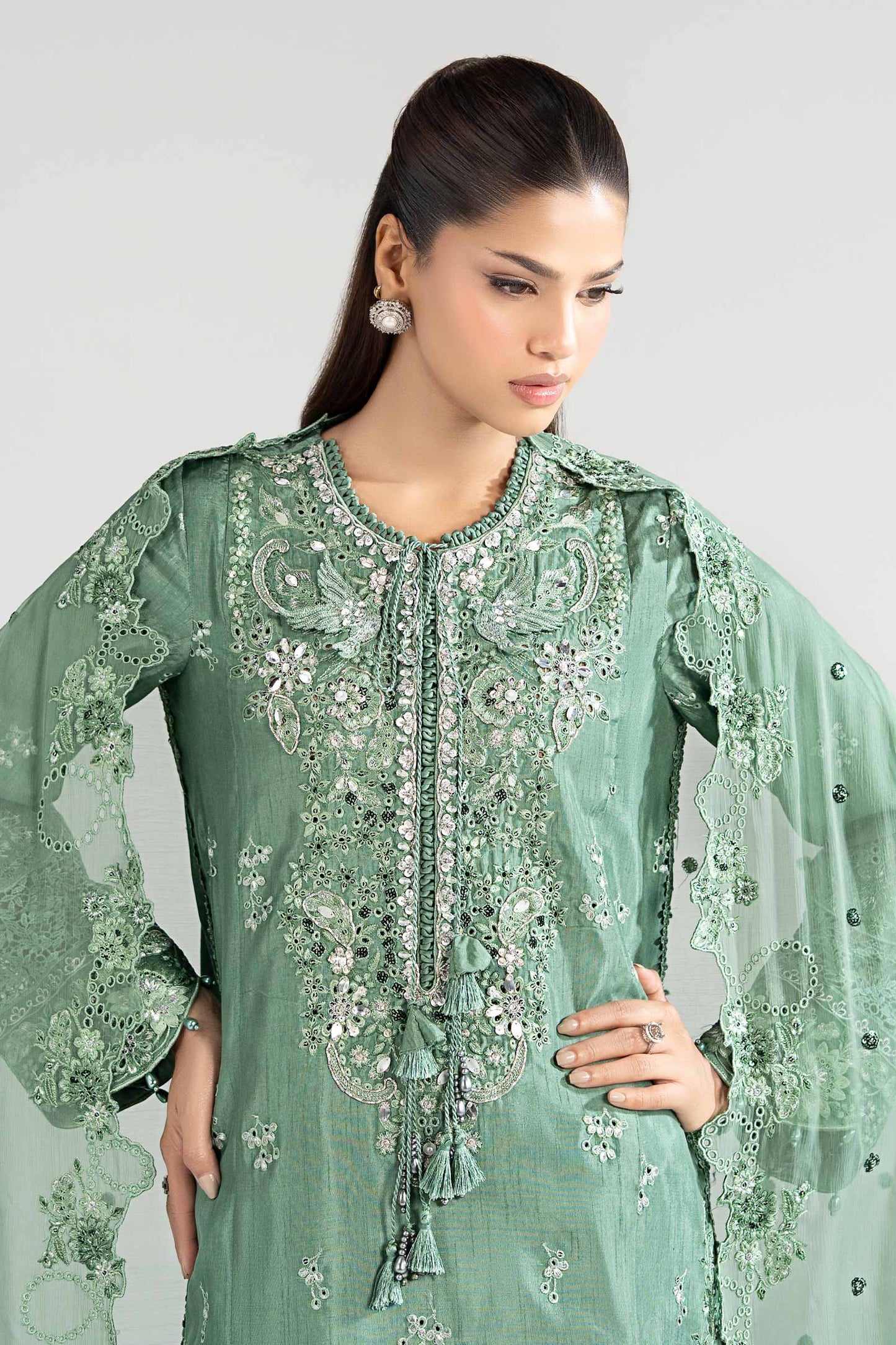 SF-EA26-09-Sea Green | 3 Piece Embroidered Raw Silk Suit | MARIA.B