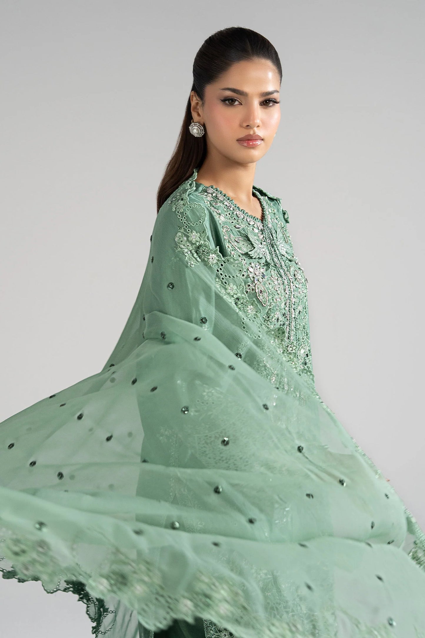 SF-EA26-09-Sea Green | 3 Piece Embroidered Raw Silk Suit | MARIA.B