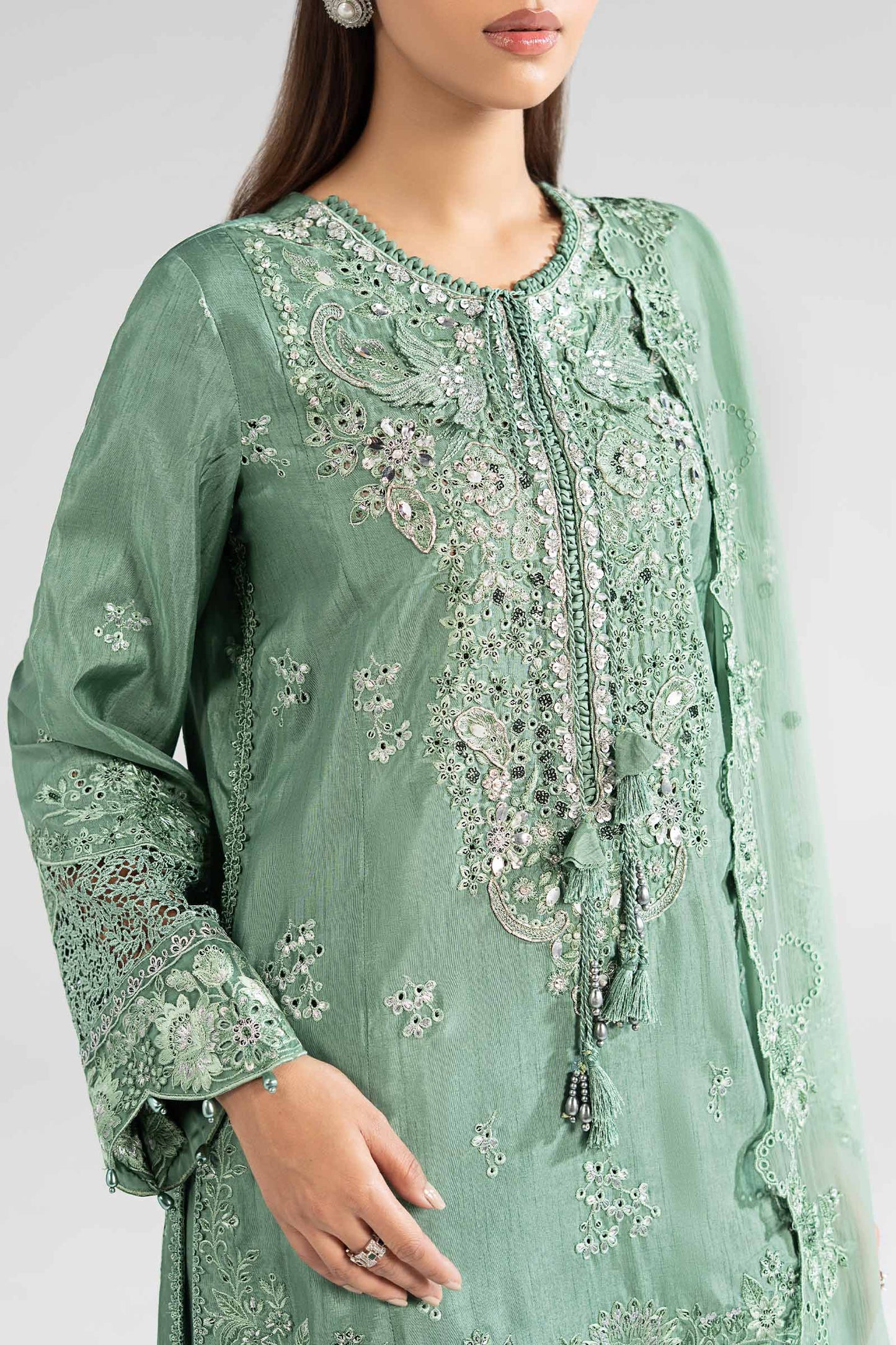 SF-EA26-09-Sea Green | 3 Piece Embroidered Raw Silk Suit | MARIA.B