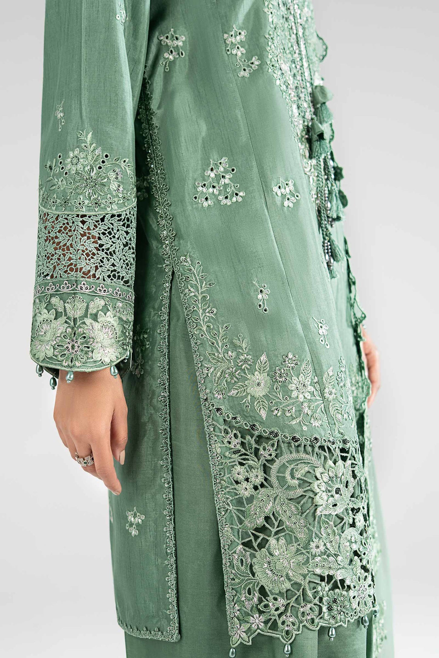 SF-EA26-09-Sea Green | 3 Piece Embroidered Raw Silk Suit | MARIA.B
