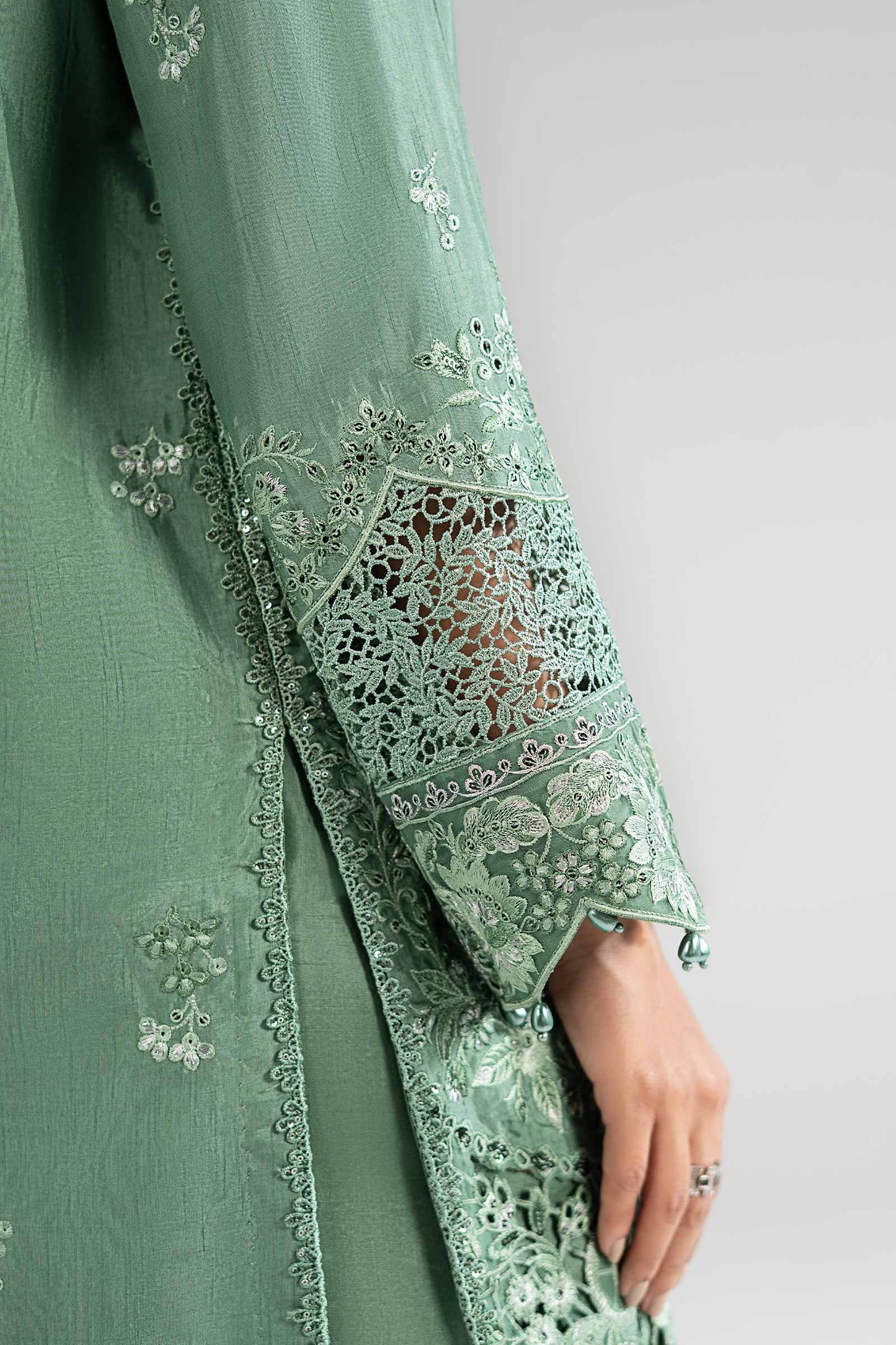 SF-EA26-09-Sea Green | 3 Piece Embroidered Raw Silk Suit | MARIA.B