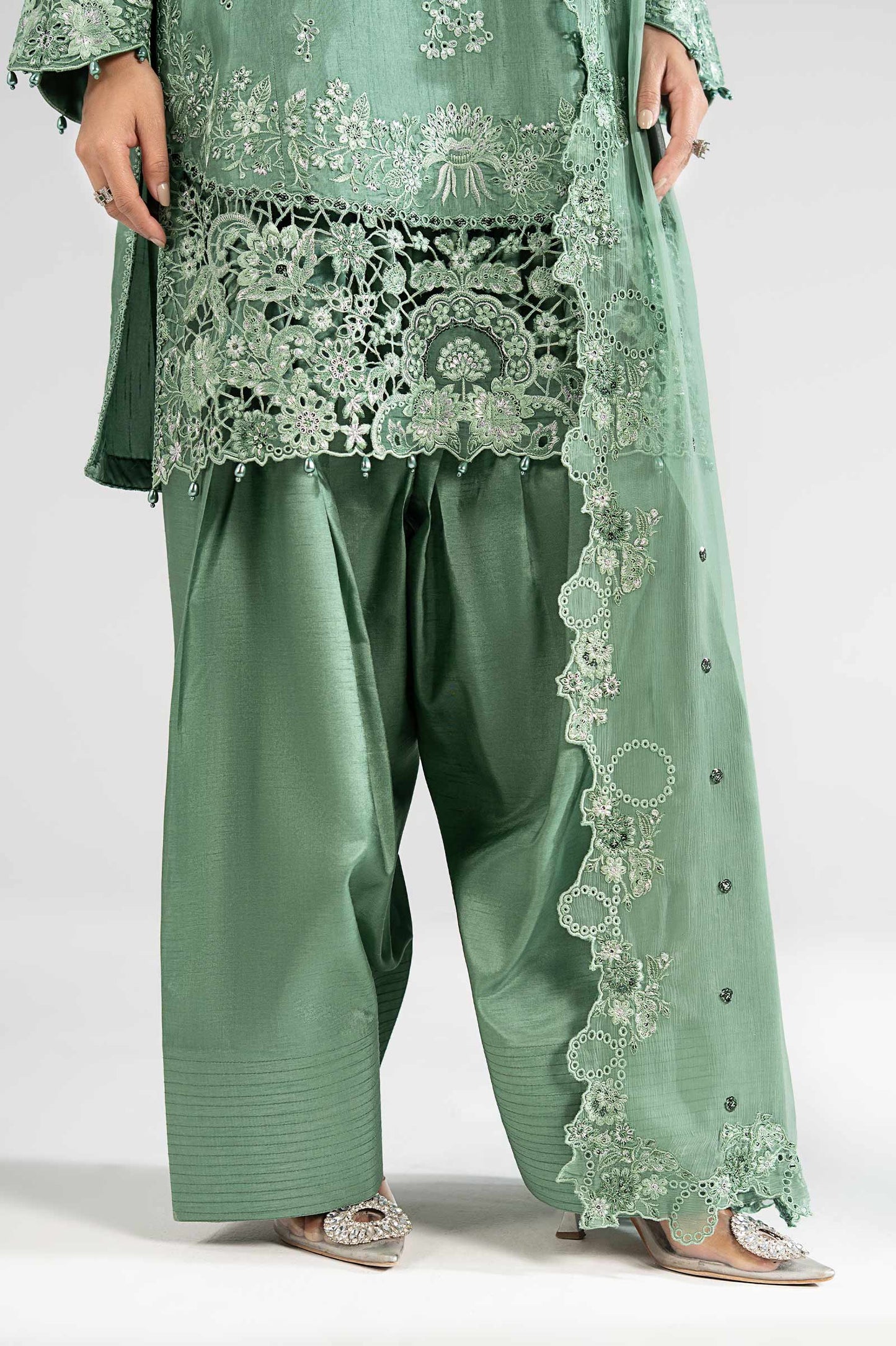 SF-EA26-09-Sea Green | 3 Piece Embroidered Raw Silk Suit | MARIA.B