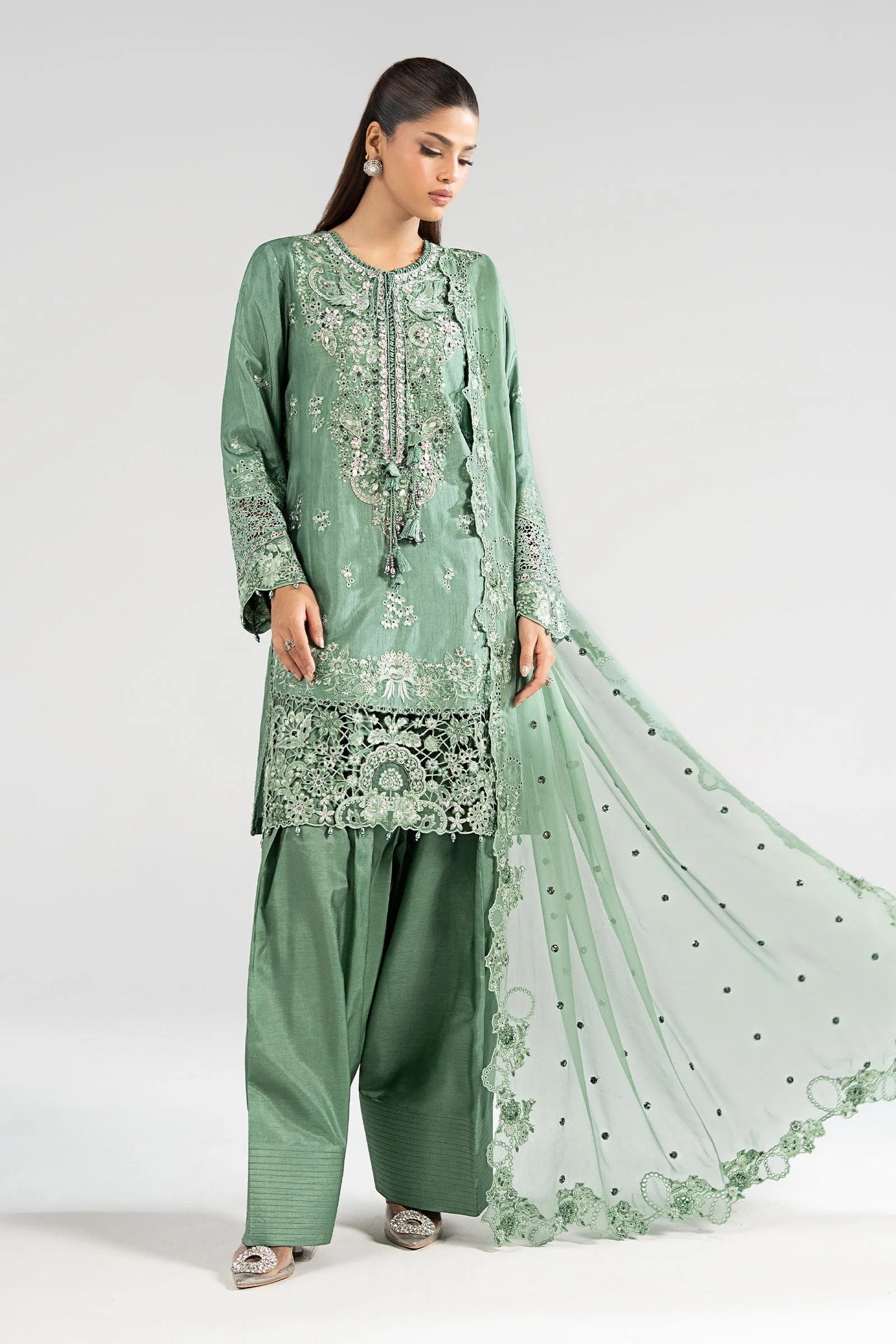 SF-EA26-09-Sea Green | 3 Piece Embroidered Raw Silk Suit | MARIA.B