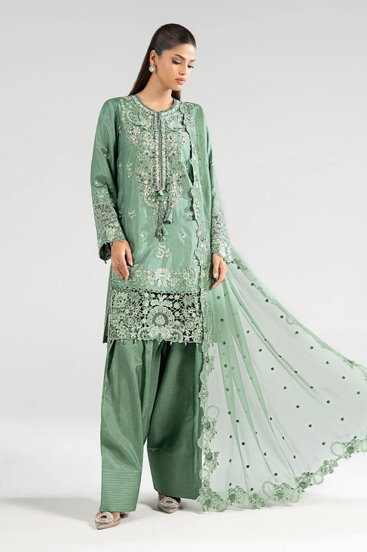SF-EA26-09-Sea Green | 3 Piece Embroidered Raw Silk Suit | MARIA.B