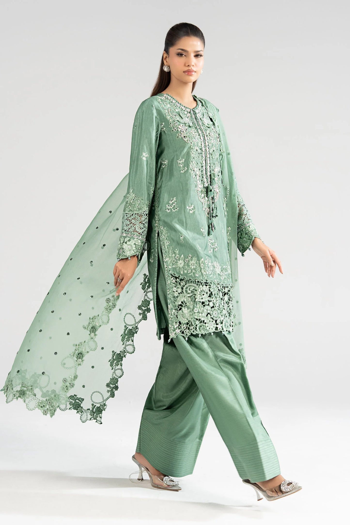 SF-EA26-09-Sea Green | 3 Piece Embroidered Raw Silk Suit | MARIA.B