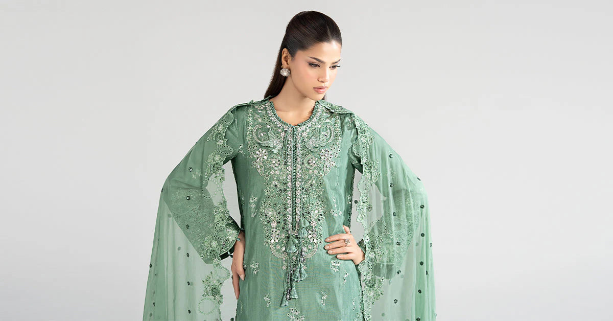SF-EA26-09-Sea Green | 3 Piece Embroidered Raw Silk Suit | MARIA.B