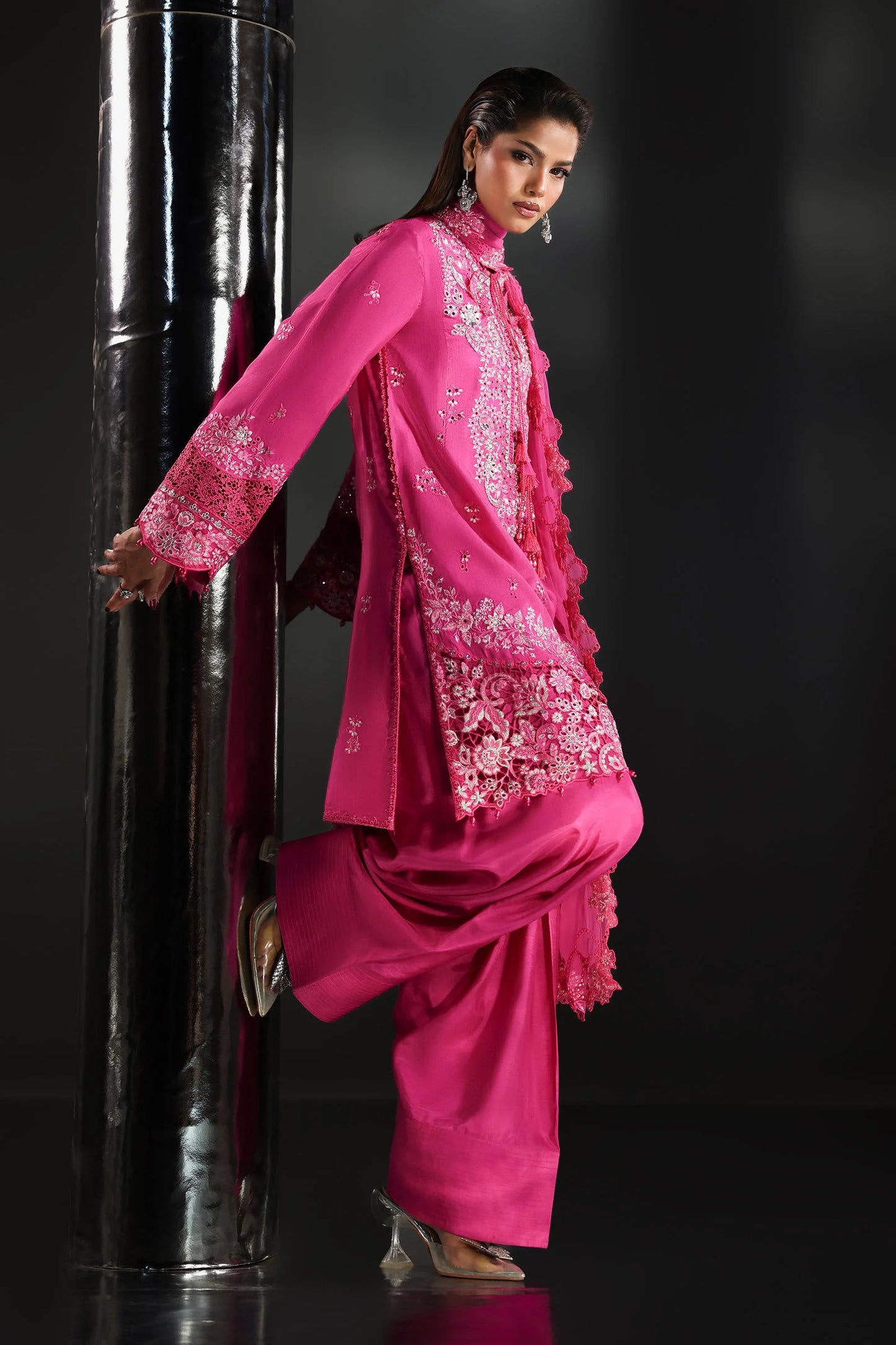 SF-EA26-09-Pink | 3 Piece Embroidered Raw Silk Suit | MARIA.B