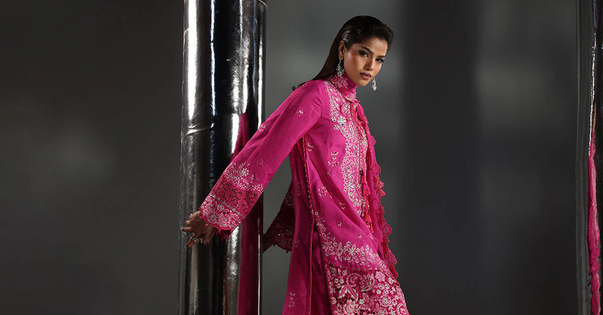 SF-EA26-09-Pink | 3 Piece Embroidered Raw Silk Suit | MARIA.B