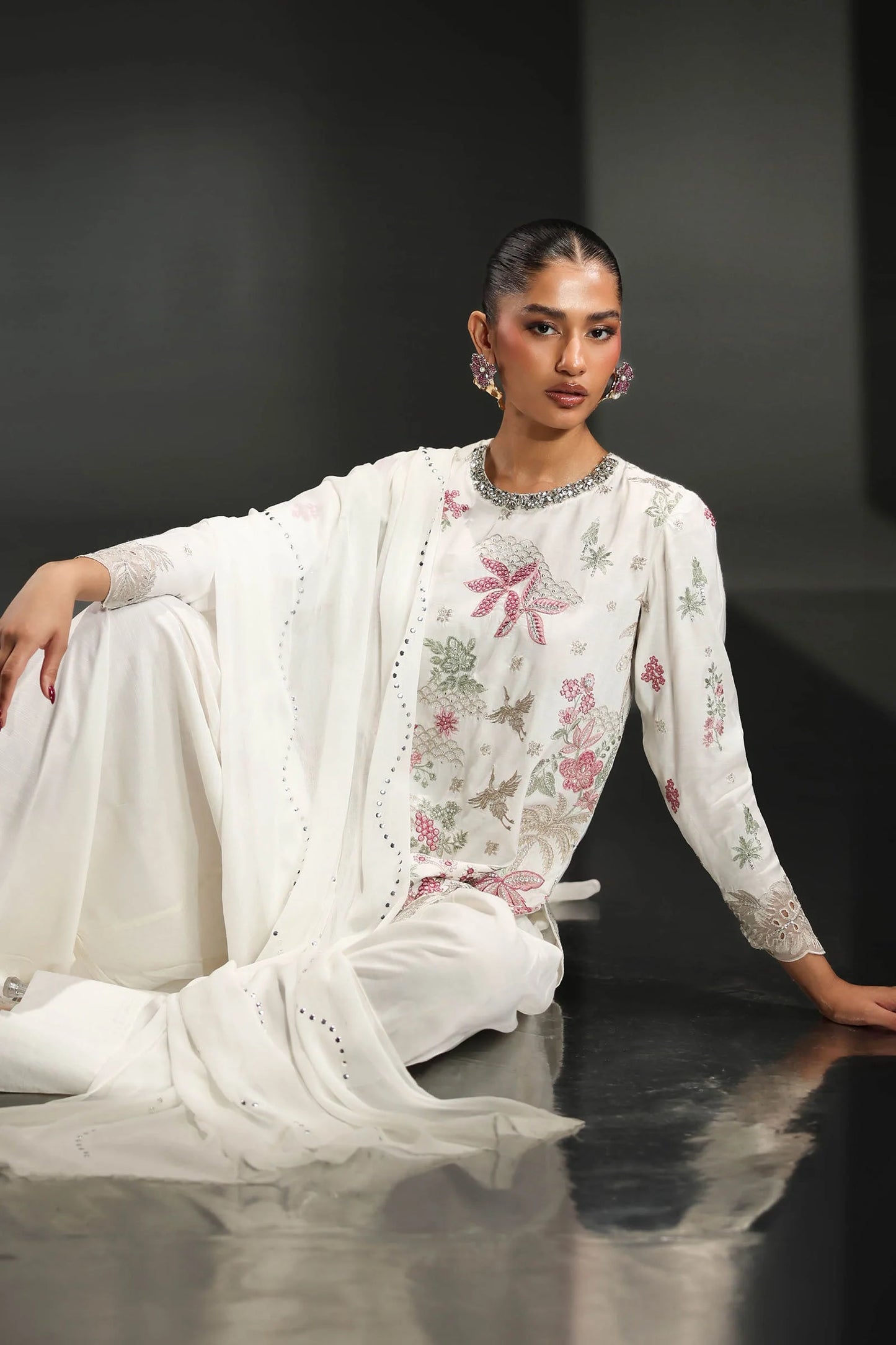 SF-EA26-23-Off White | 3 Piece Embroidered Raw Silk Suit | MARIA.B