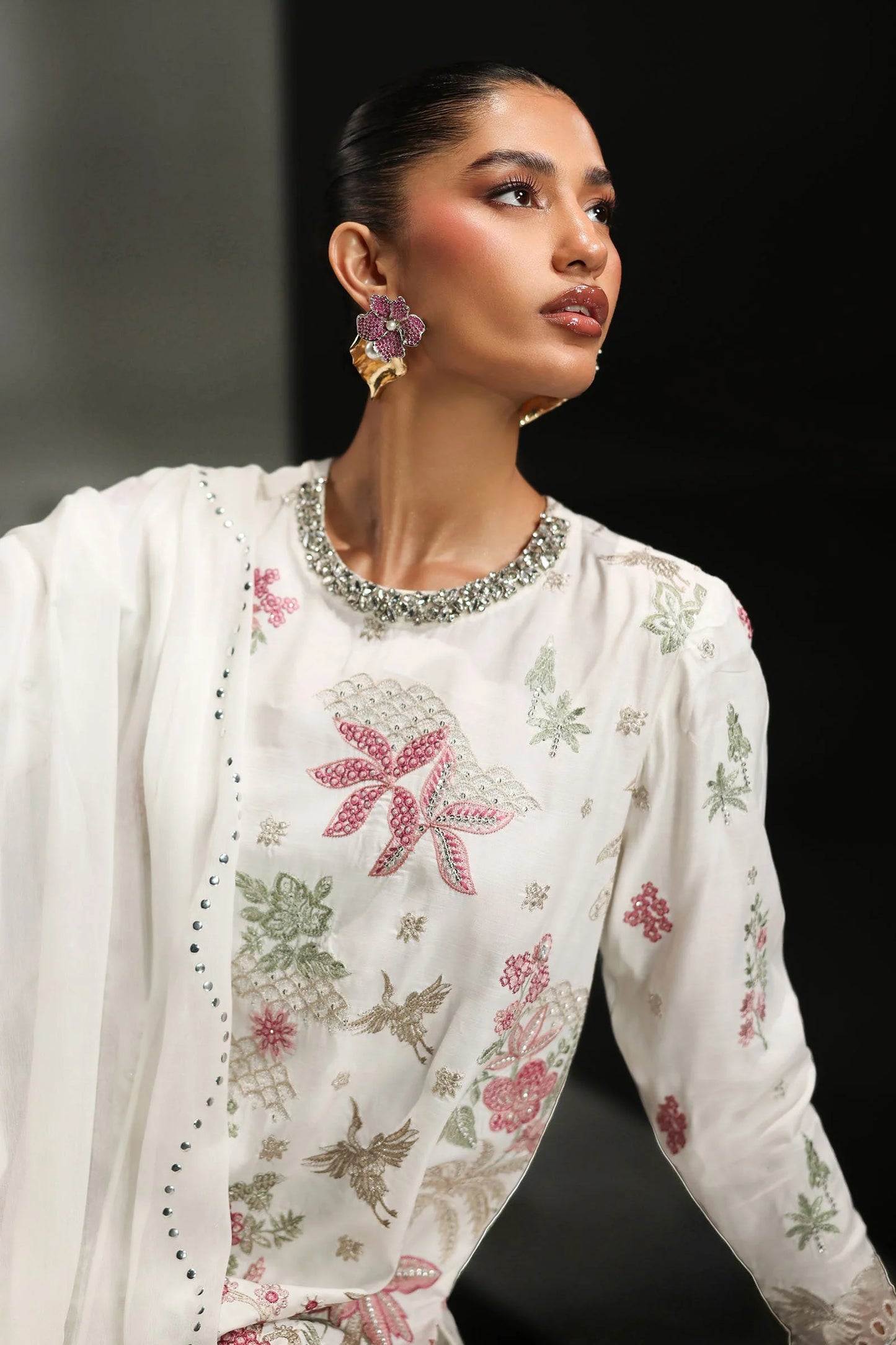 SF-EA26-23-Off White | 3 Piece Embroidered Raw Silk Suit | MARIA.B