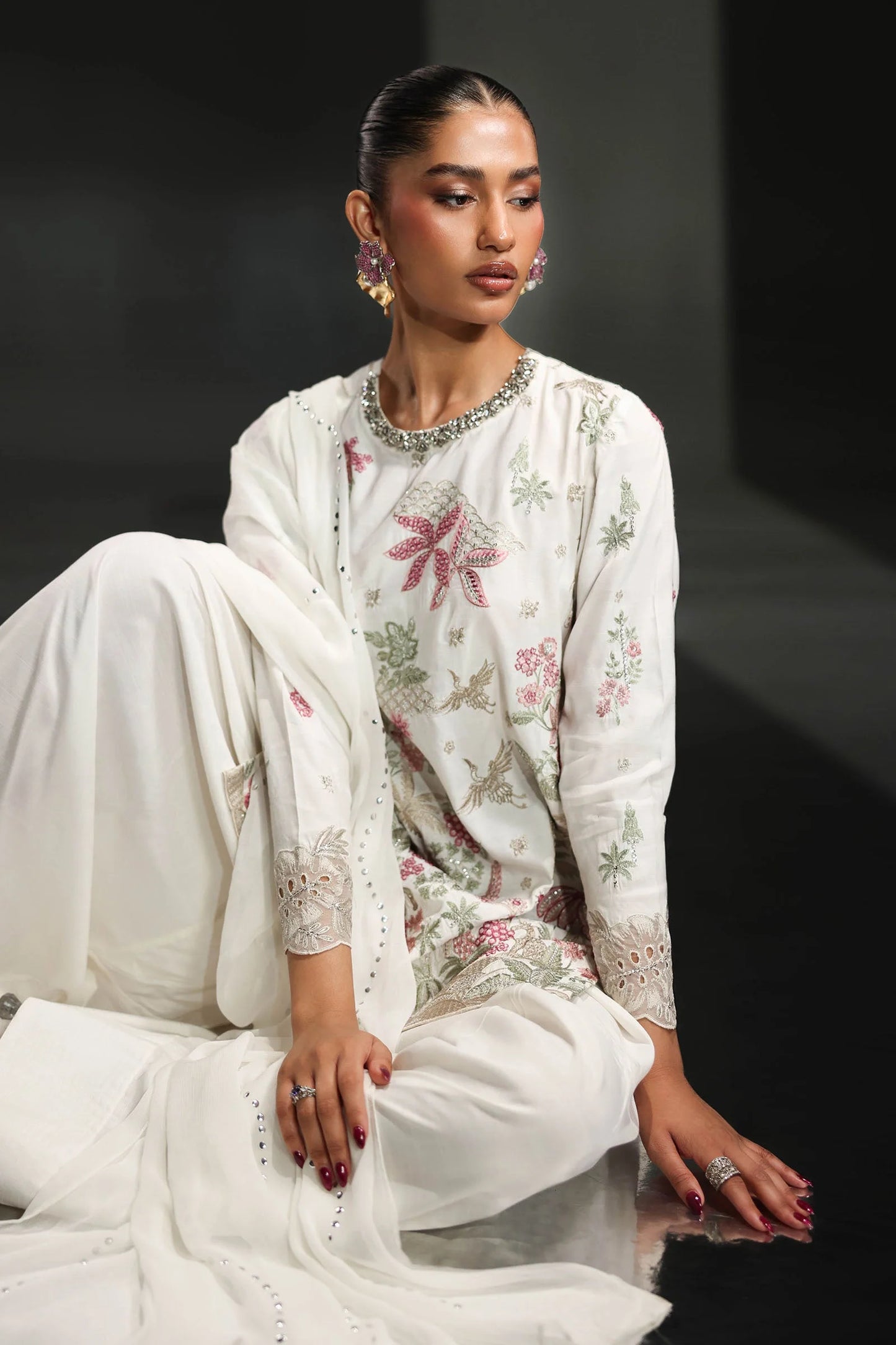 SF-EA26-23-Off White | 3 Piece Embroidered Raw Silk Suit | MARIA.B