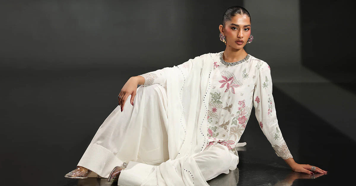 SF-EA26-23-Off White | 3 Piece Embroidered Raw Silk Suit | MARIA.B