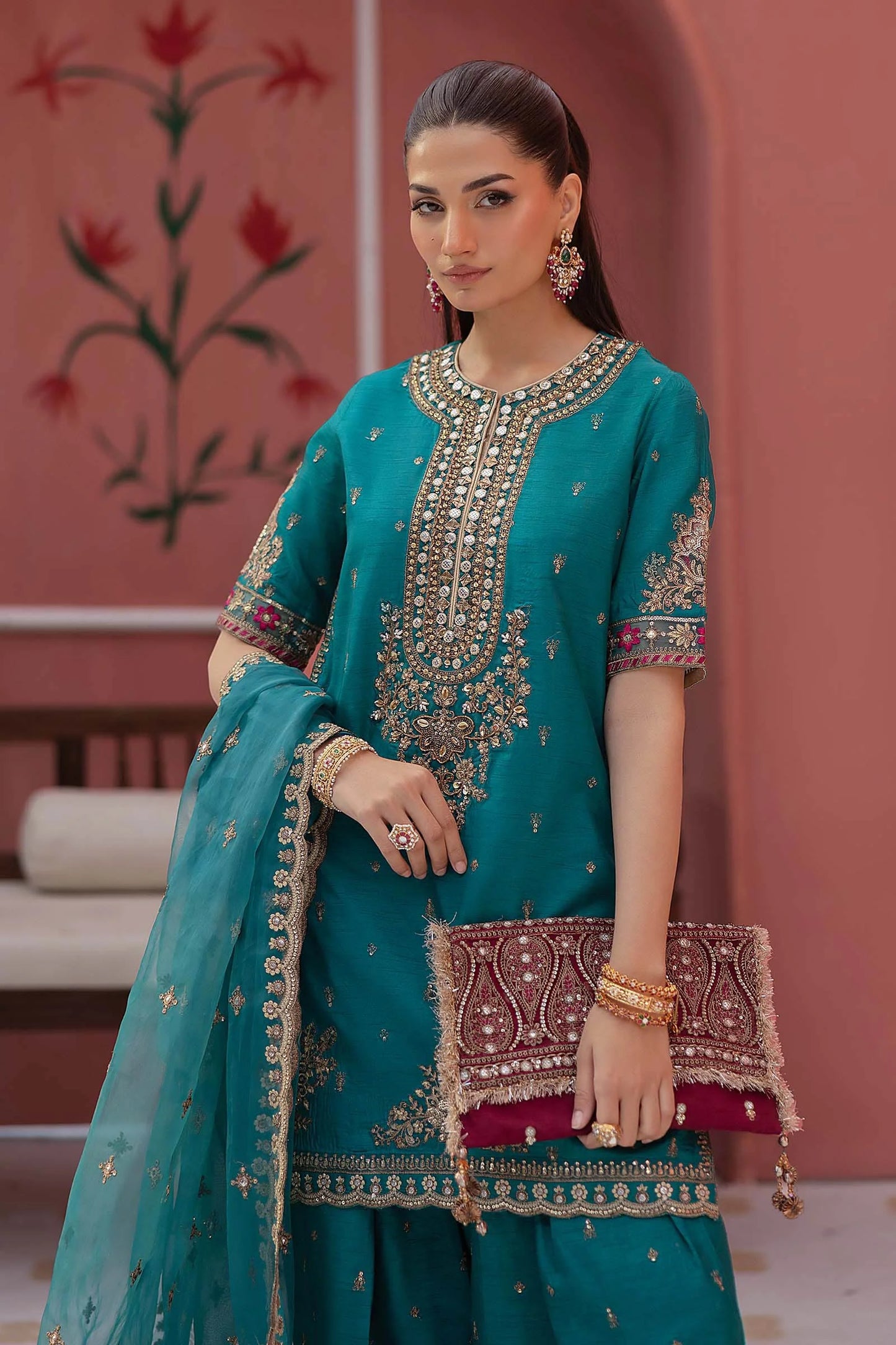 SF-EF25-63R1 | 3 Piece Embroidered Raw Silk Suit | MARIA.B