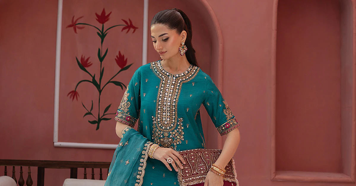 SF-EF25-63R1 | 3 Piece Embroidered Raw Silk Suit | MARIA.B