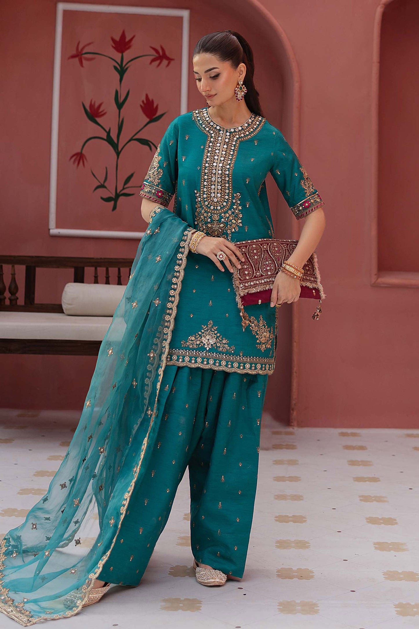 SF-EF25-63R1 | 3 Piece Embroidered Raw Silk Suit | MARIA.B