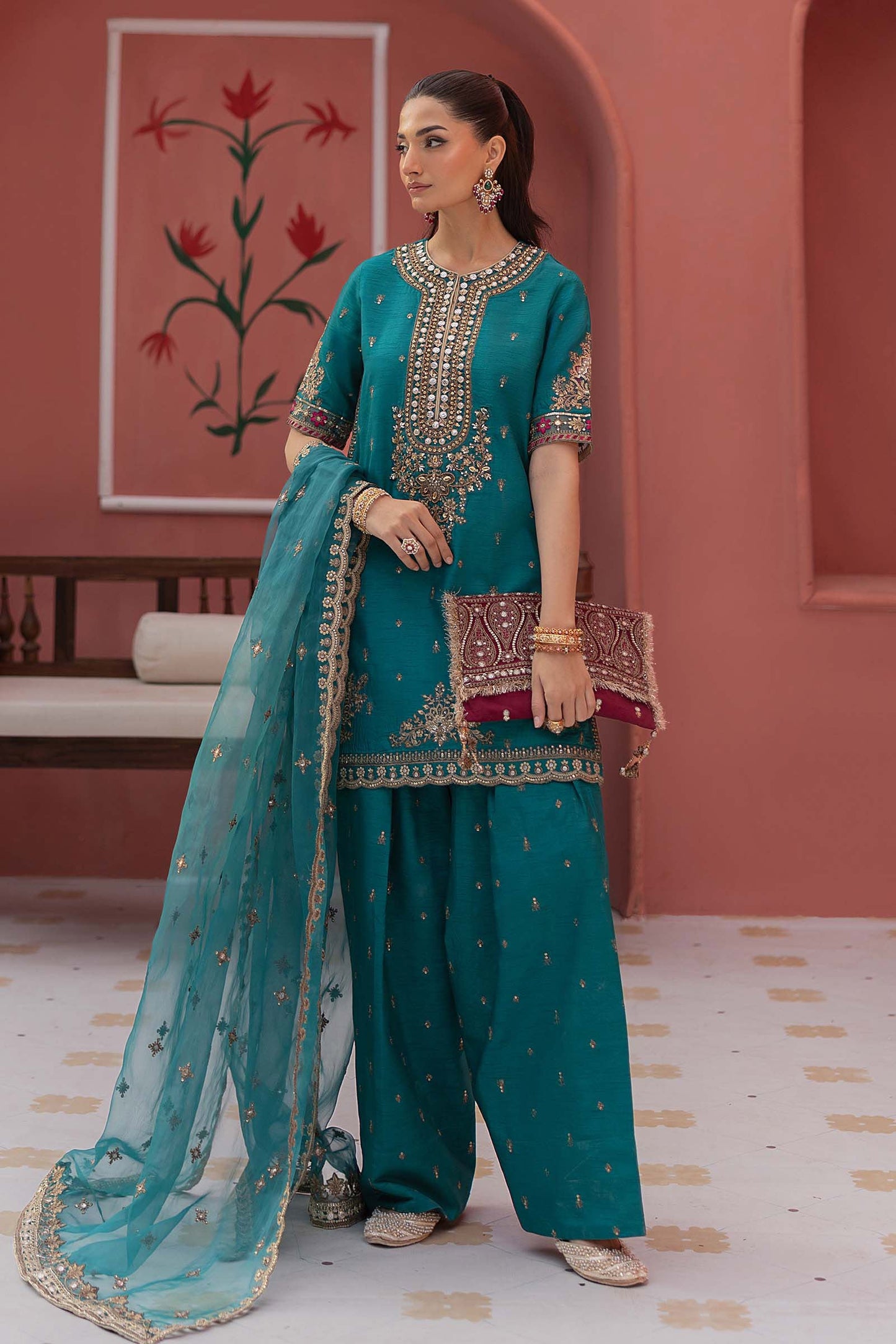 SF-EF25-63R1 | 3 Piece Embroidered Raw Silk Suit | MARIA.B