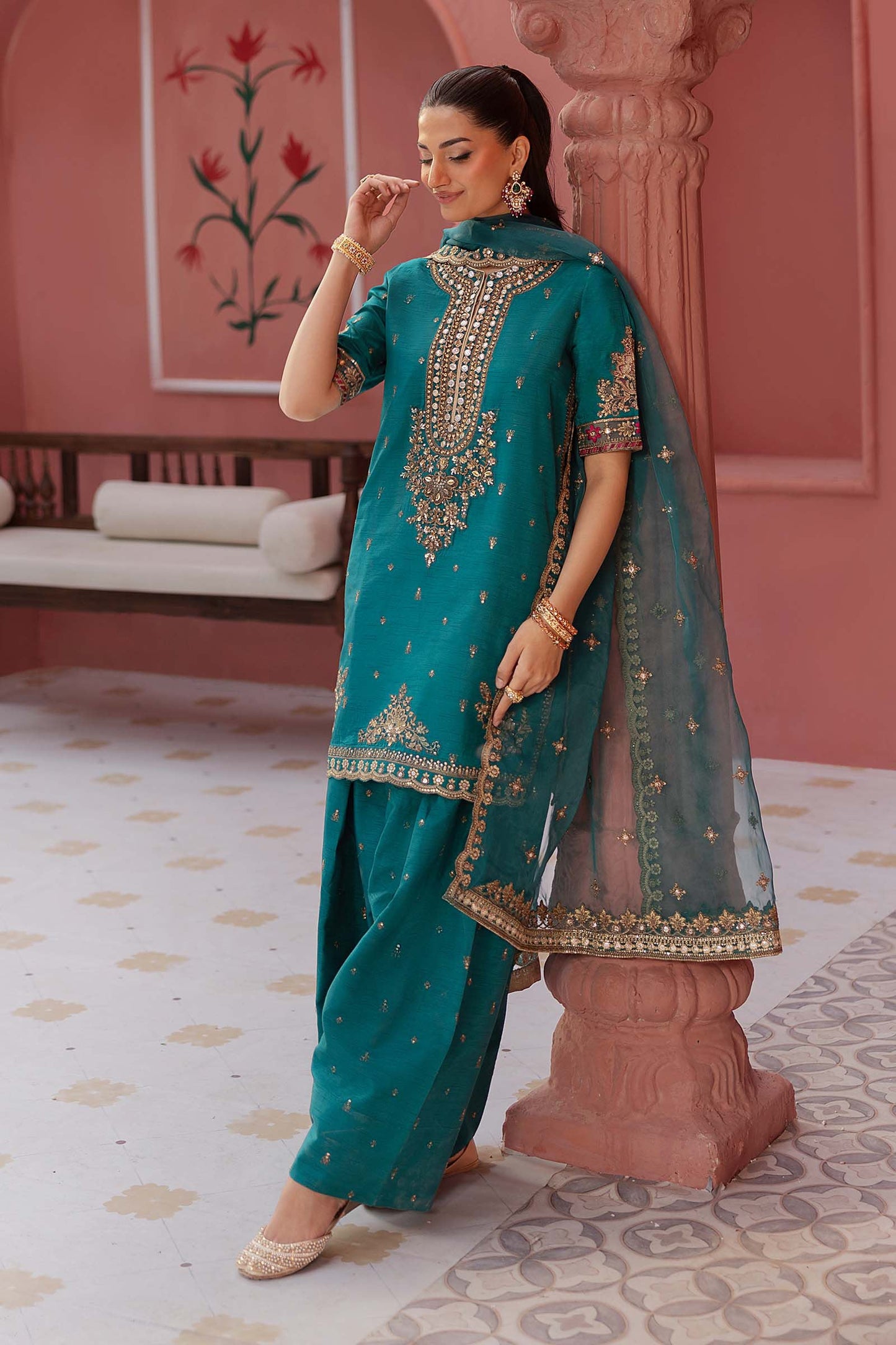 SF-EF25-63R1 | 3 Piece Embroidered Raw Silk Suit | MARIA.B