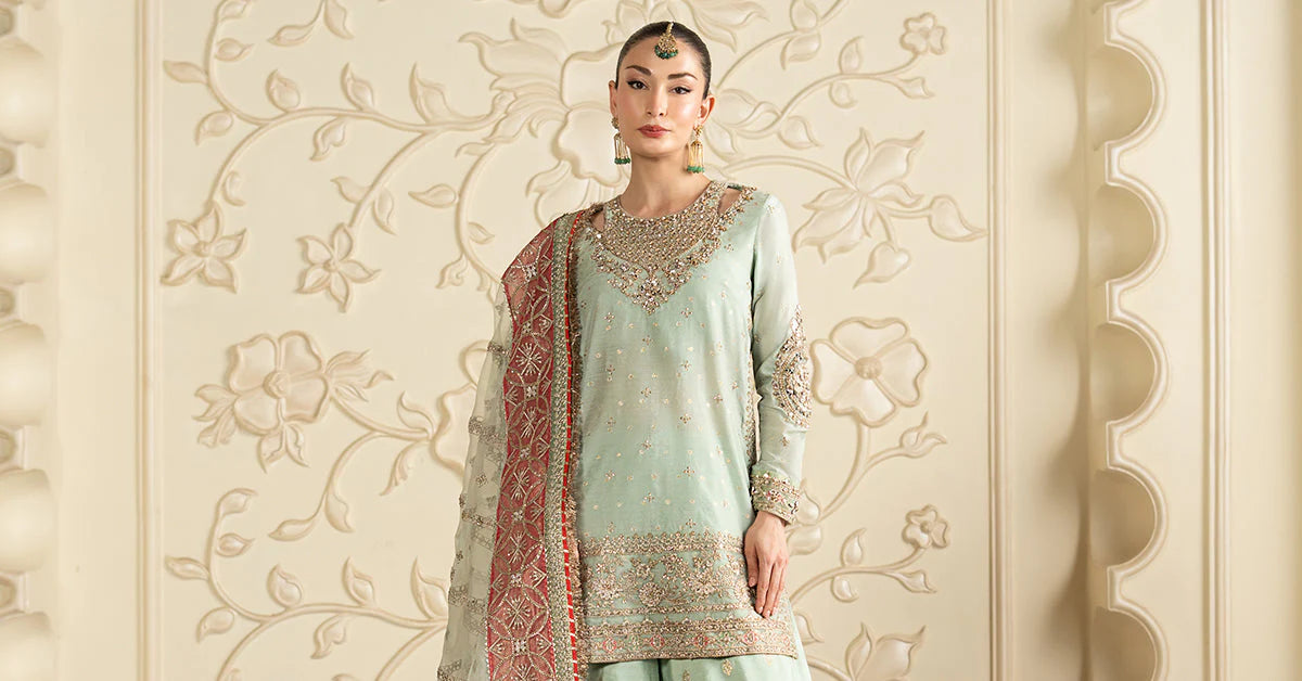 SF-EF26-30-Sea Green | 3 Piece Embroidered Cotton Lurex Suit | MARIA.B