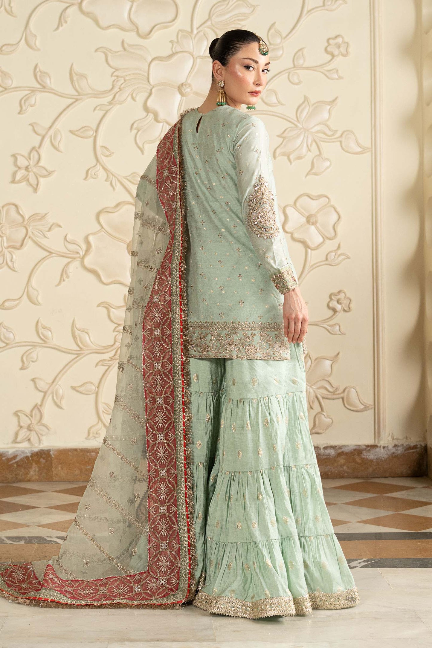 SF-EF26-30-Sea Green | 3 Piece Embroidered Cotton Lurex Suit | MARIA.B