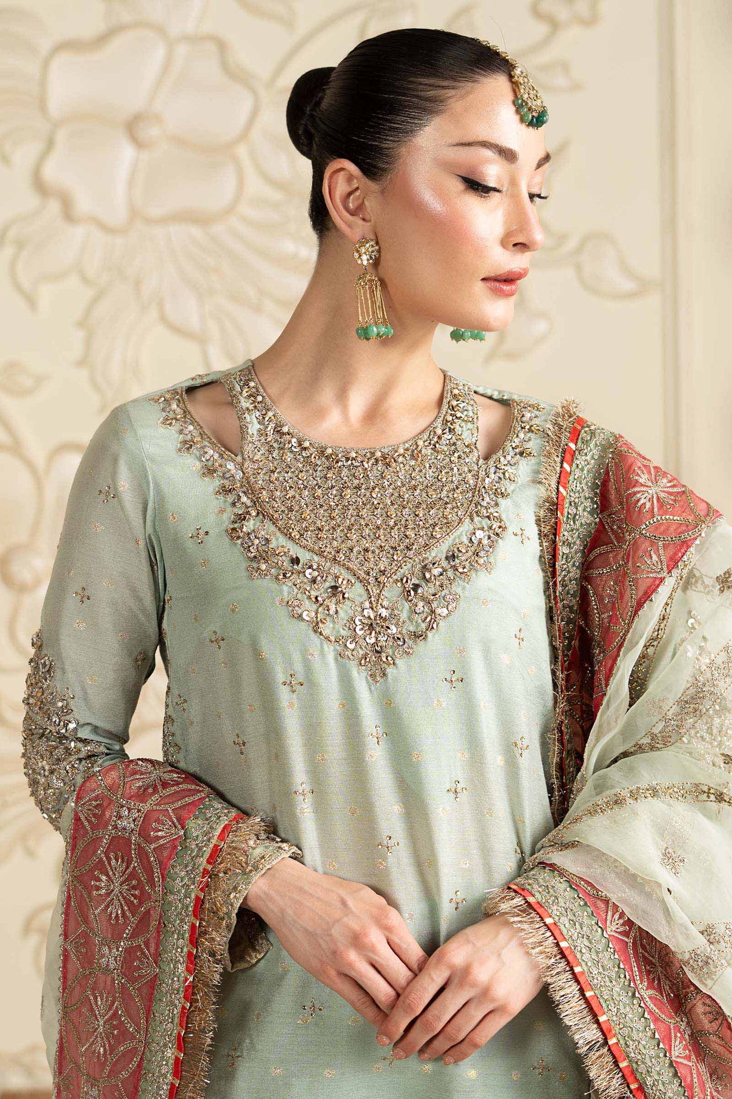 SF-EF26-30-Sea Green | 3 Piece Embroidered Cotton Lurex Suit | MARIA.B
