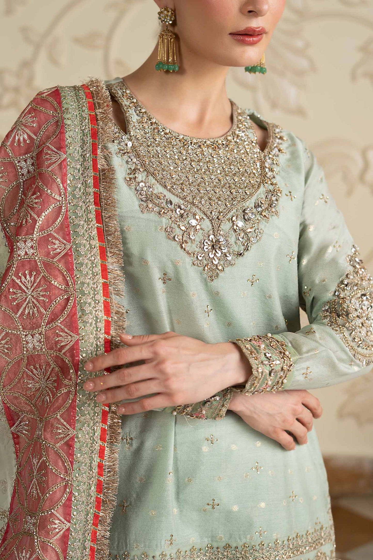 SF-EF26-30-Sea Green | 3 Piece Embroidered Cotton Lurex Suit | MARIA.B