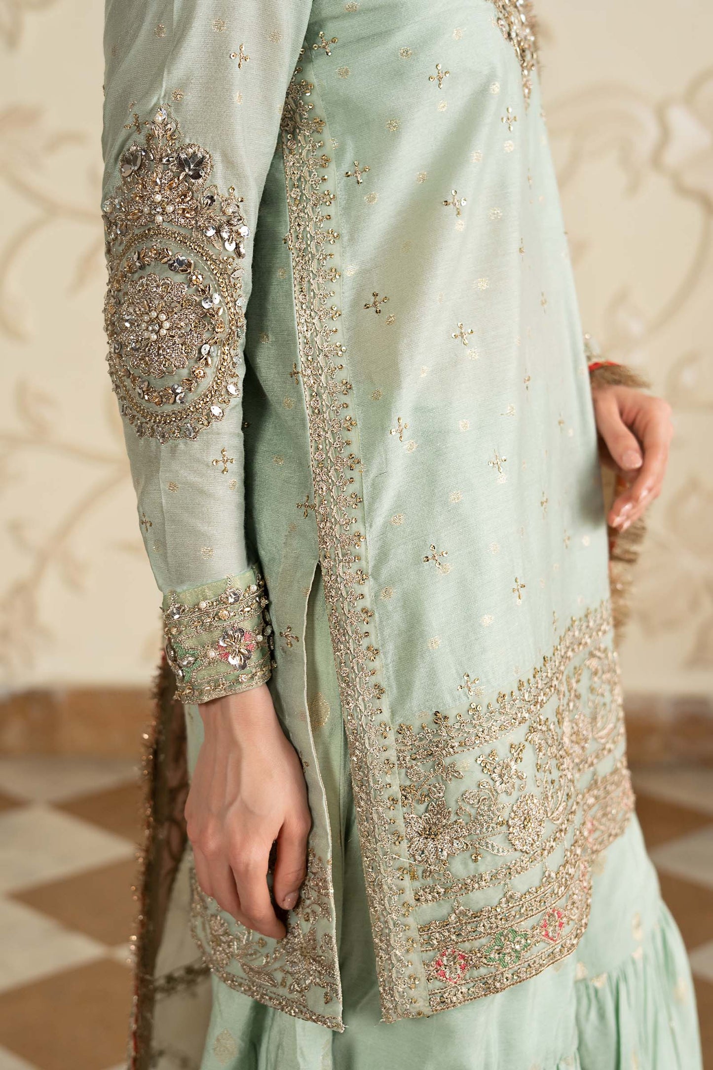 SF-EF26-30-Sea Green | 3 Piece Embroidered Cotton Lurex Suit | MARIA.B