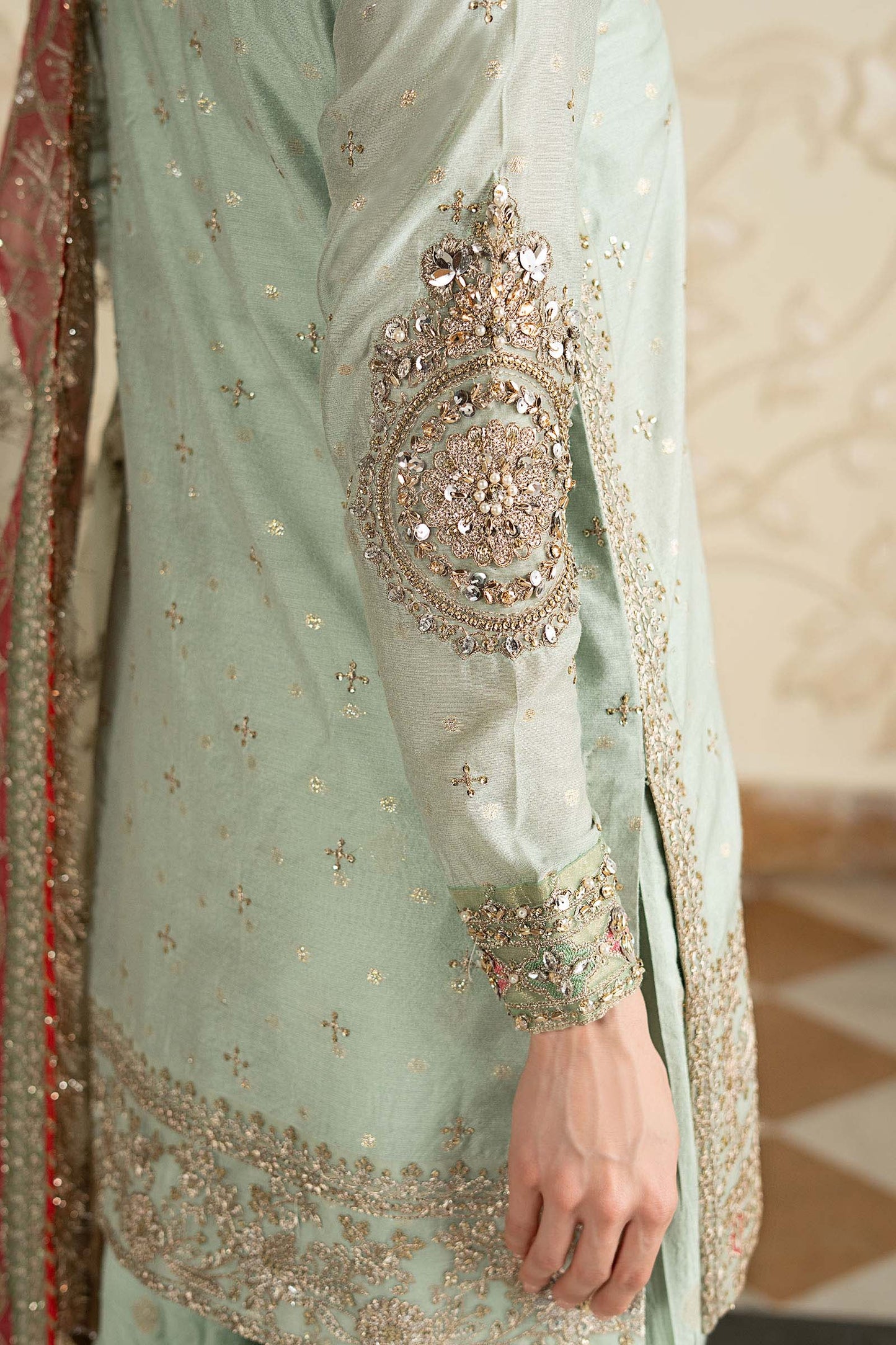SF-EF26-30-Sea Green | 3 Piece Embroidered Cotton Lurex Suit | MARIA.B